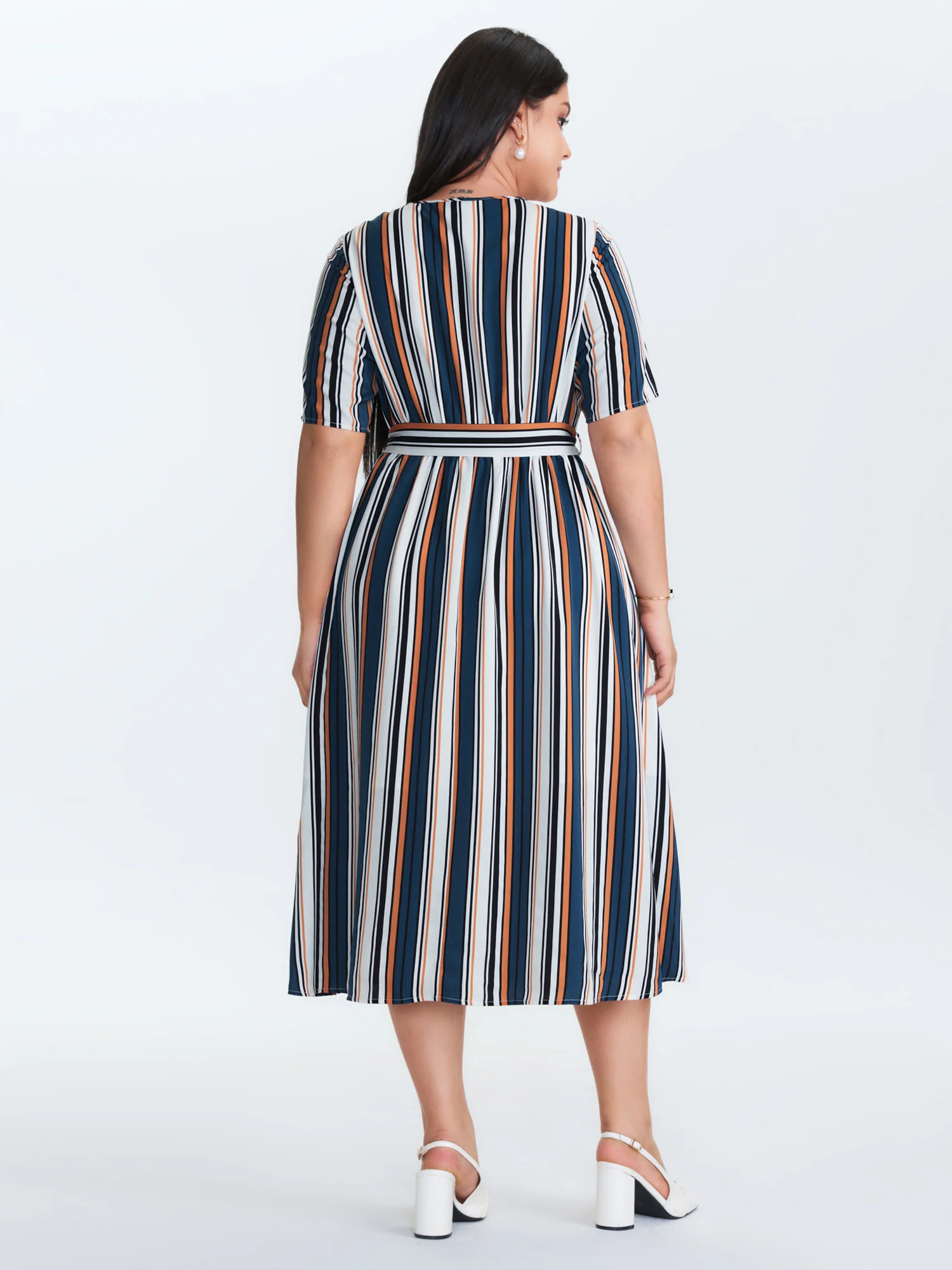 Striped Waist-Tie Pockets Midi Dress - Image 4