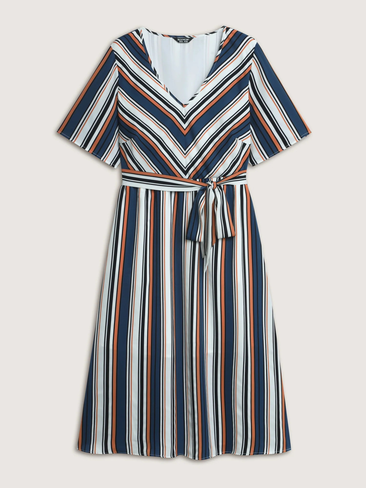Striped Waist-Tie Pockets Midi Dress - Image 7