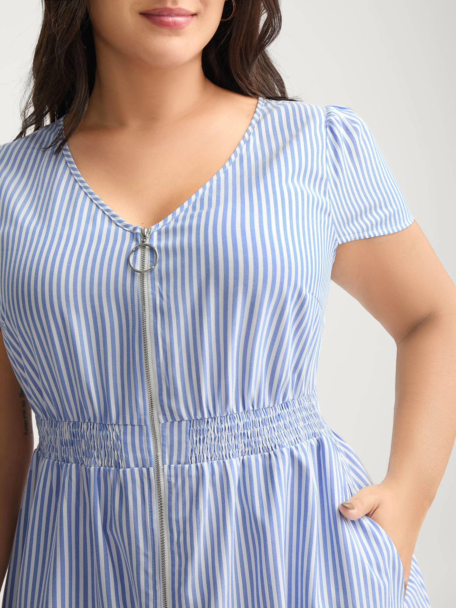 Striped Zipper Front Shirred Waist Midi Dress - Image 2