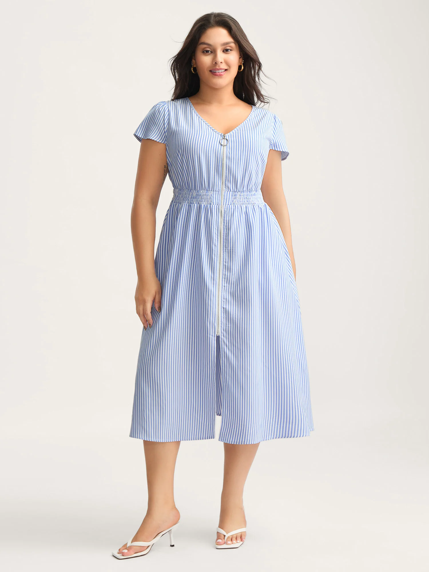 Striped Zipper Front Shirred Waist Midi Dress - Image 3