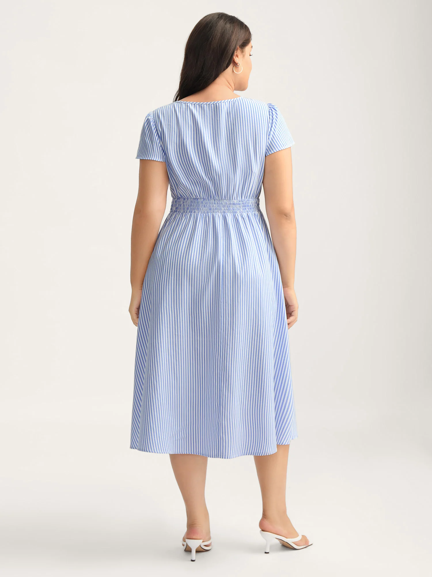 Striped Zipper Front Shirred Waist Midi Dress - Image 4
