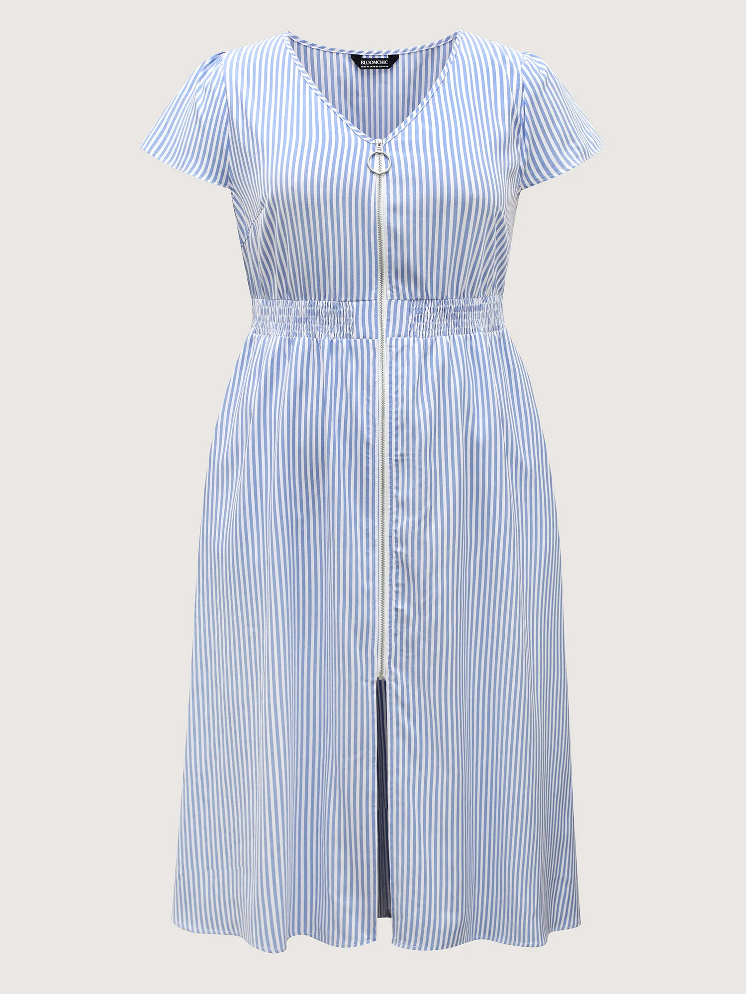 Striped Zipper Front Shirred Waist Midi Dress - Image 7