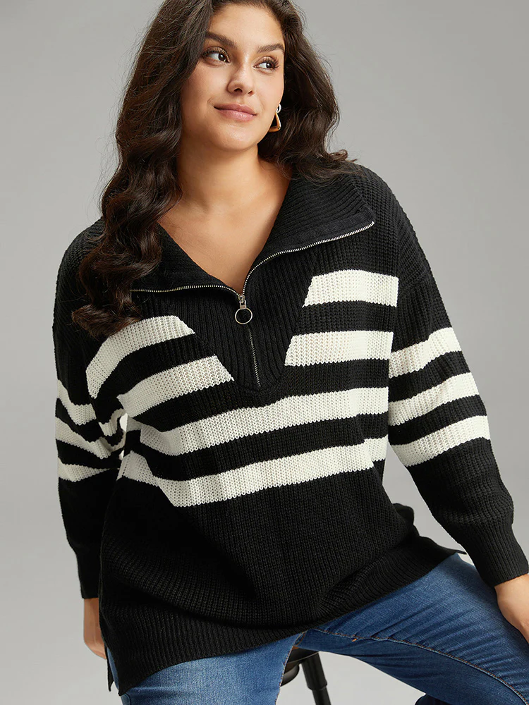 Striped Zipper Lapel Collar Drop Shoulder Pullover