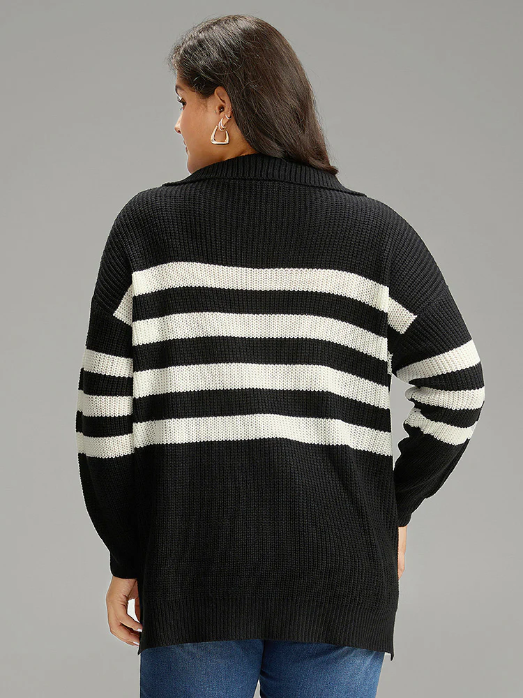 Striped Zipper Lapel Collar Drop Shoulder Pullover - Image 2