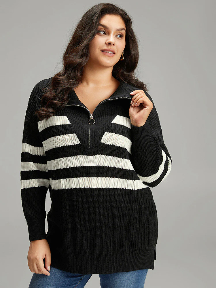 Striped Zipper Lapel Collar Drop Shoulder Pullover - Image 3