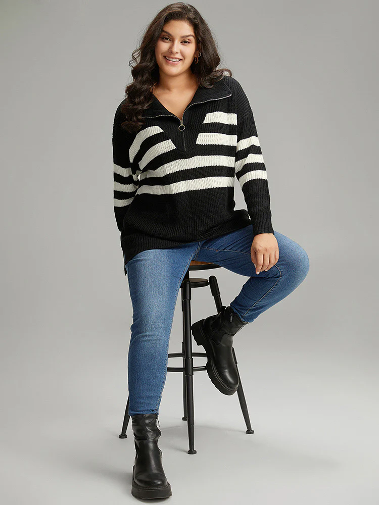 Striped Zipper Lapel Collar Drop Shoulder Pullover - Image 4