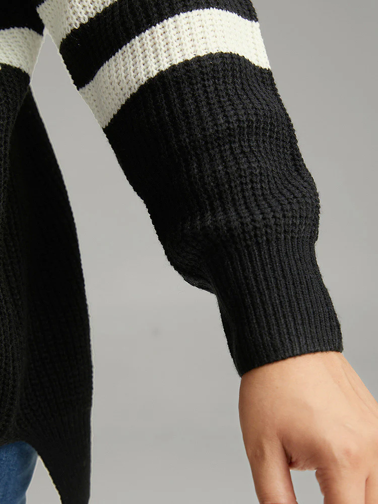 Striped Zipper Lapel Collar Drop Shoulder Pullover - Image 8