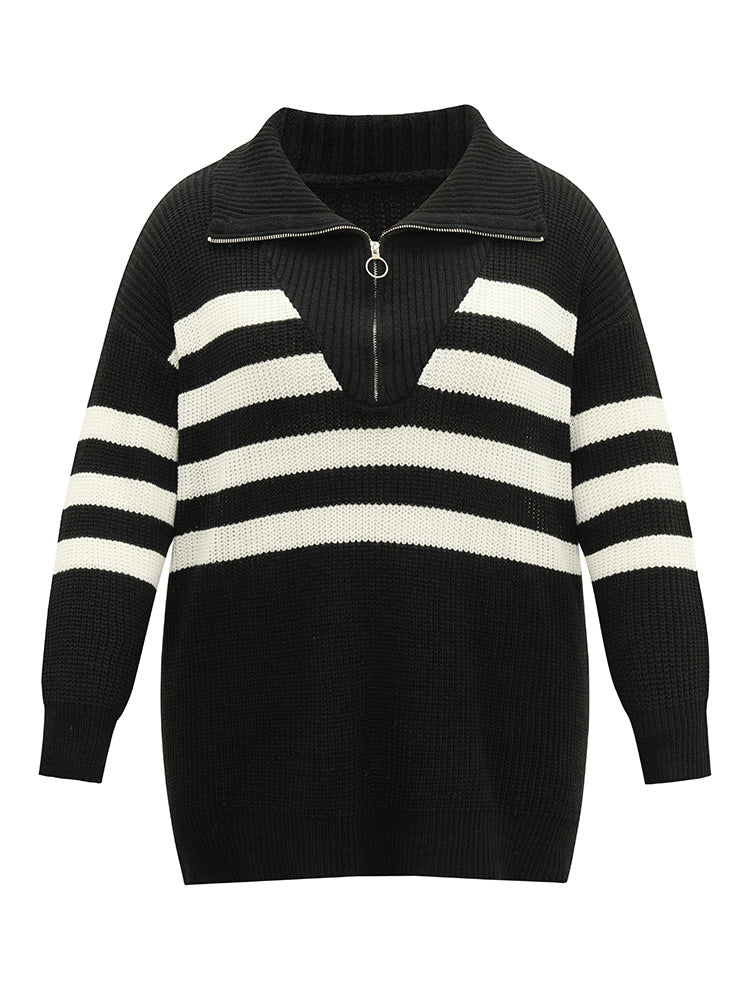 Striped Zipper Lapel Collar Drop Shoulder Pullover - Image 9