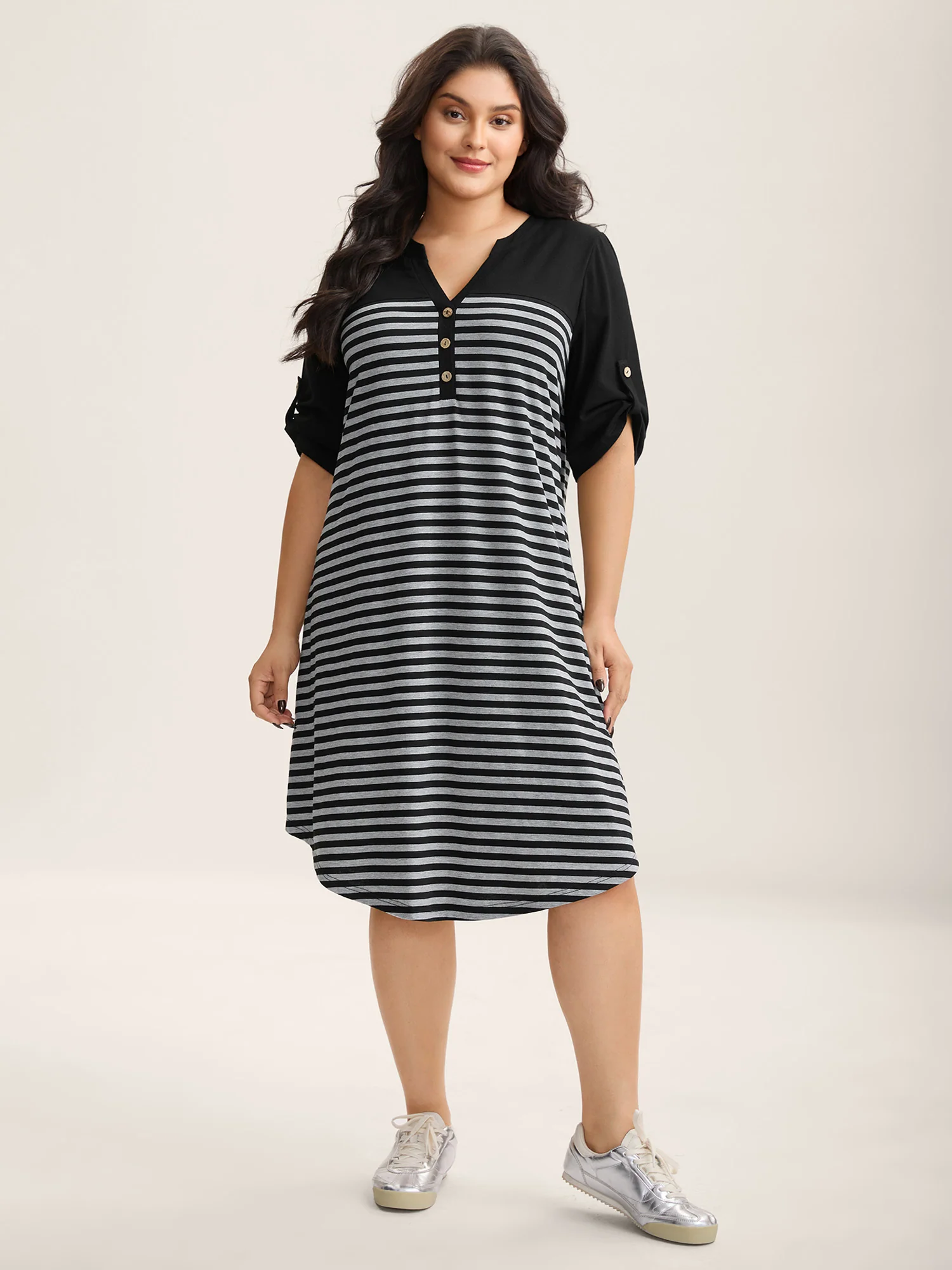 Stripes Button Tab Sleeve Mini Dress - Image 3