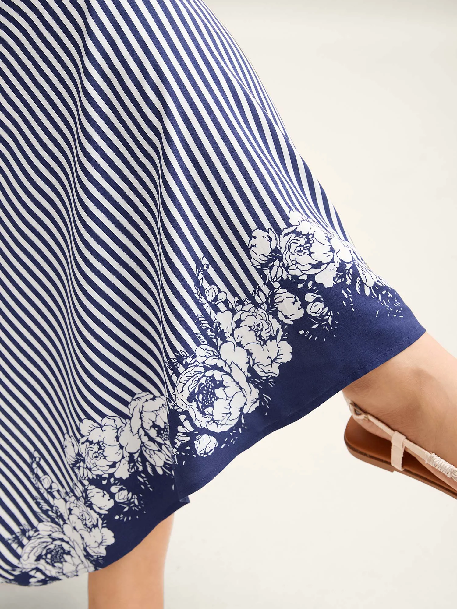 Stripes Cinched-Waist Floral Hem Midi Dress - Image 4