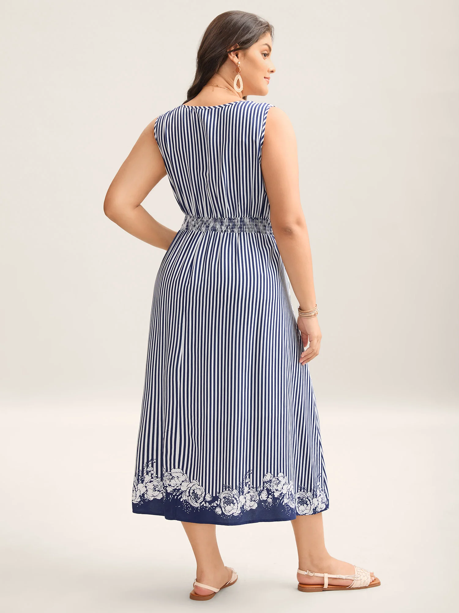 Stripes Cinched-Waist Floral Hem Midi Dress - Image 5