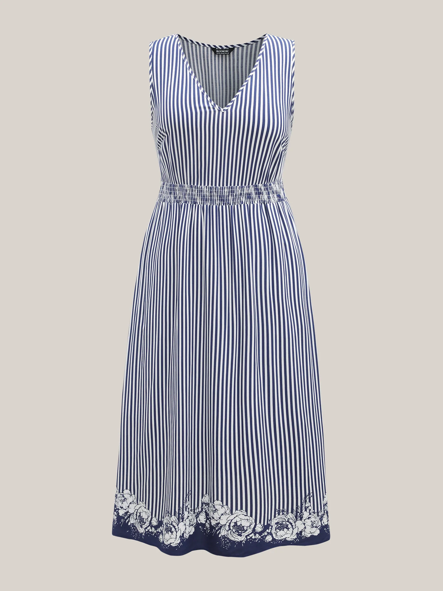 Stripes Cinched-Waist Floral Hem Midi Dress - Image 8
