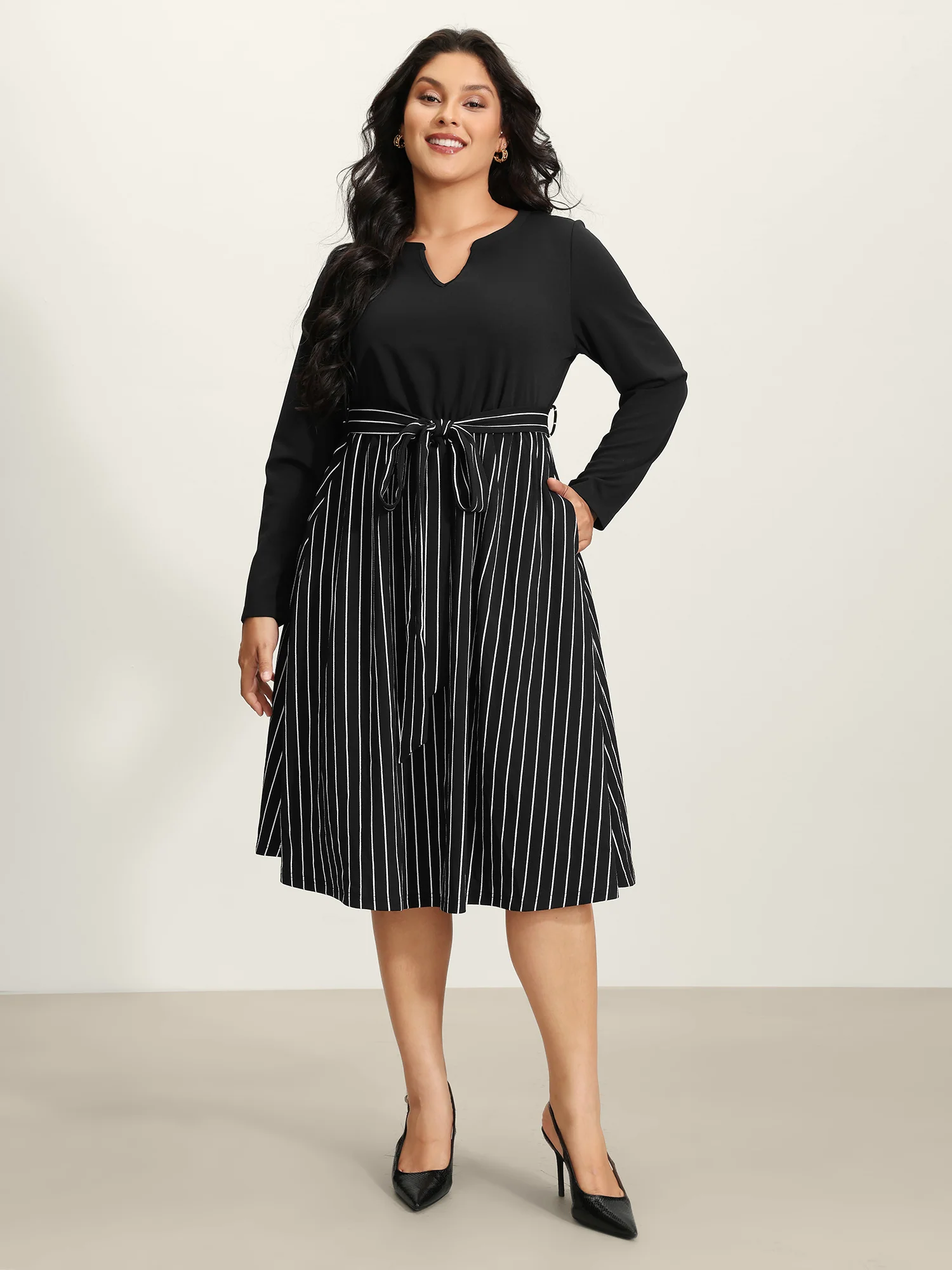 Stripes Color Contrast Belted Midi Dress - Image 3