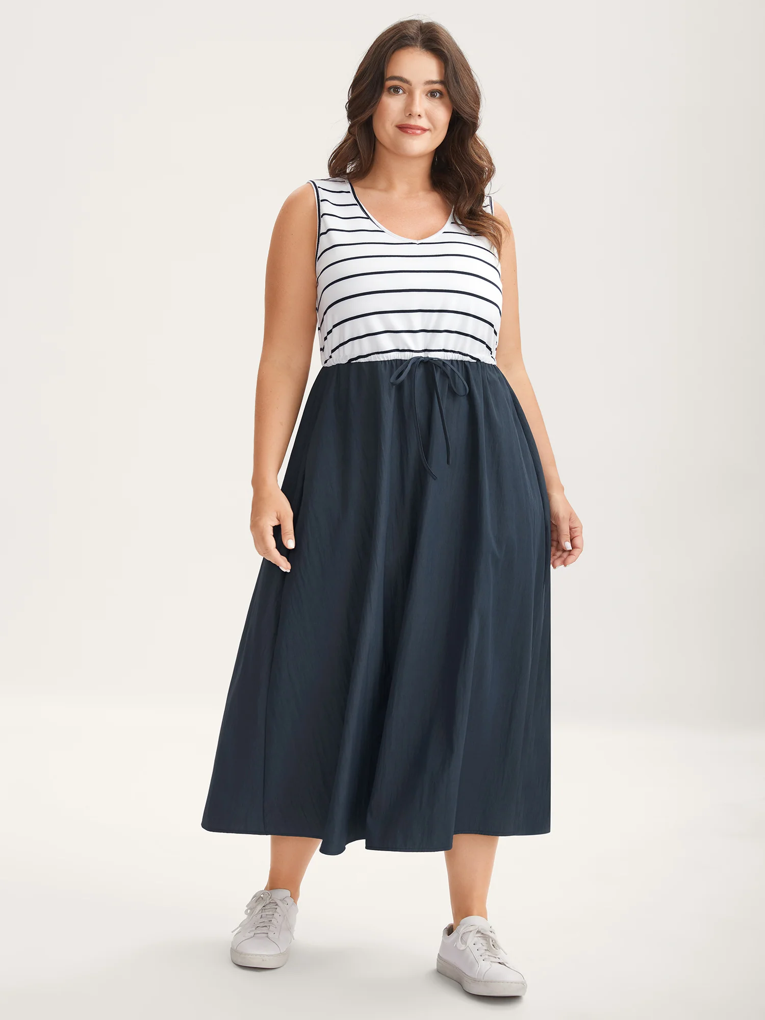 Stripes Color Contrast Pockets Midi Dress - Image 3