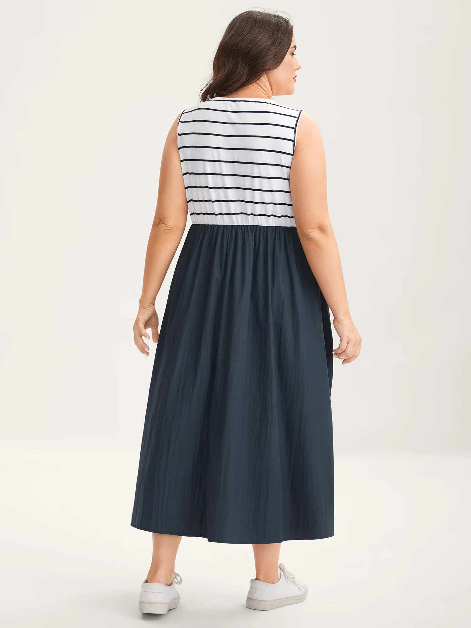 Stripes Color Contrast Pockets Midi Dress - Image 4
