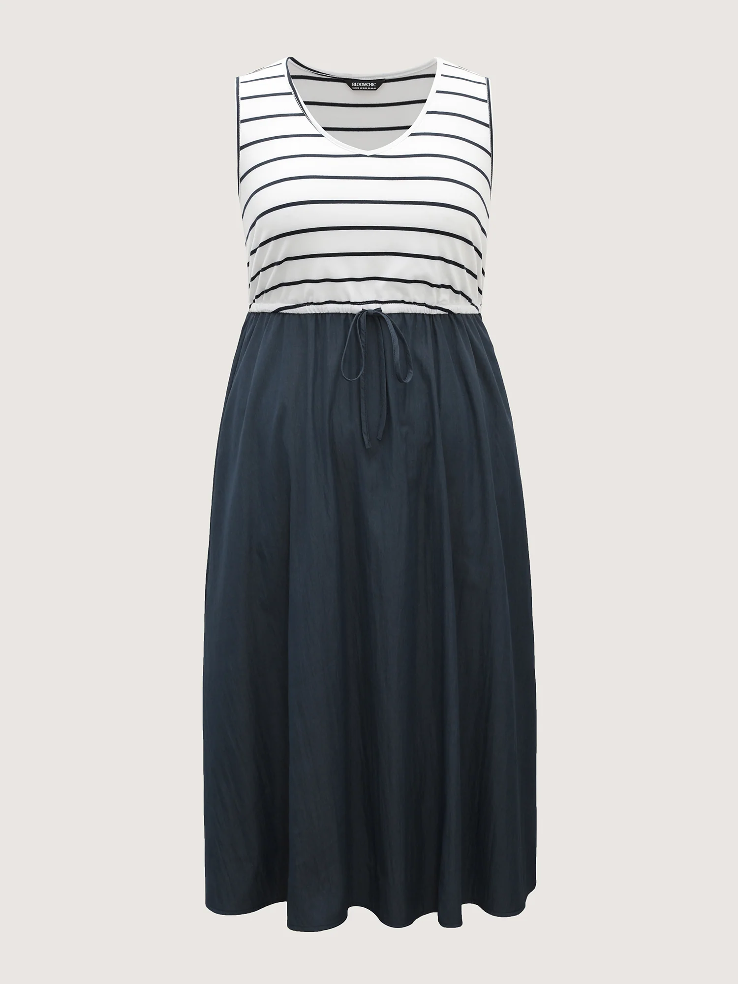 Stripes Color Contrast Pockets Midi Dress - Image 7