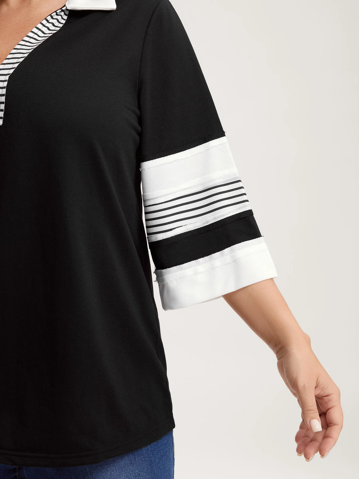 Non-Stretch Stripes Contrast Split Neck T-Shirt - Image 2