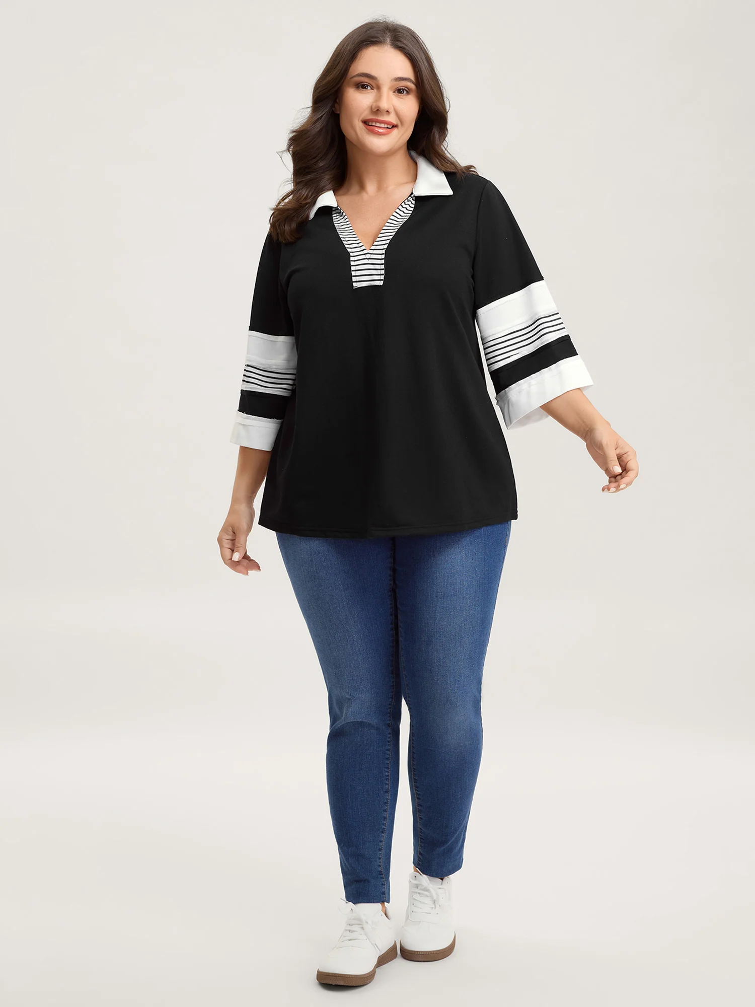 Non-Stretch Stripes Contrast Split Neck T-Shirt - Image 3