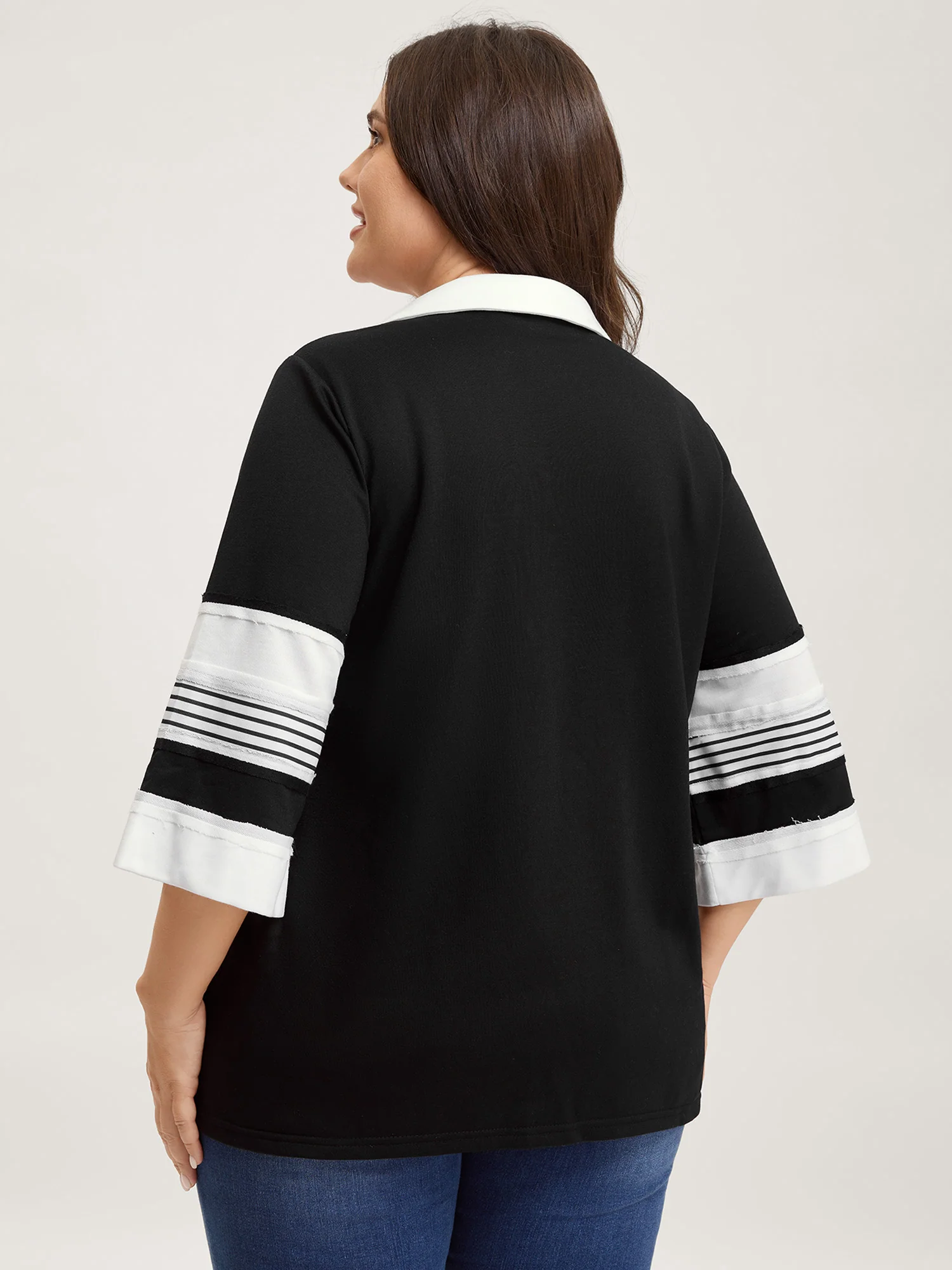 Non-Stretch Stripes Contrast Split Neck T-Shirt - Image 4