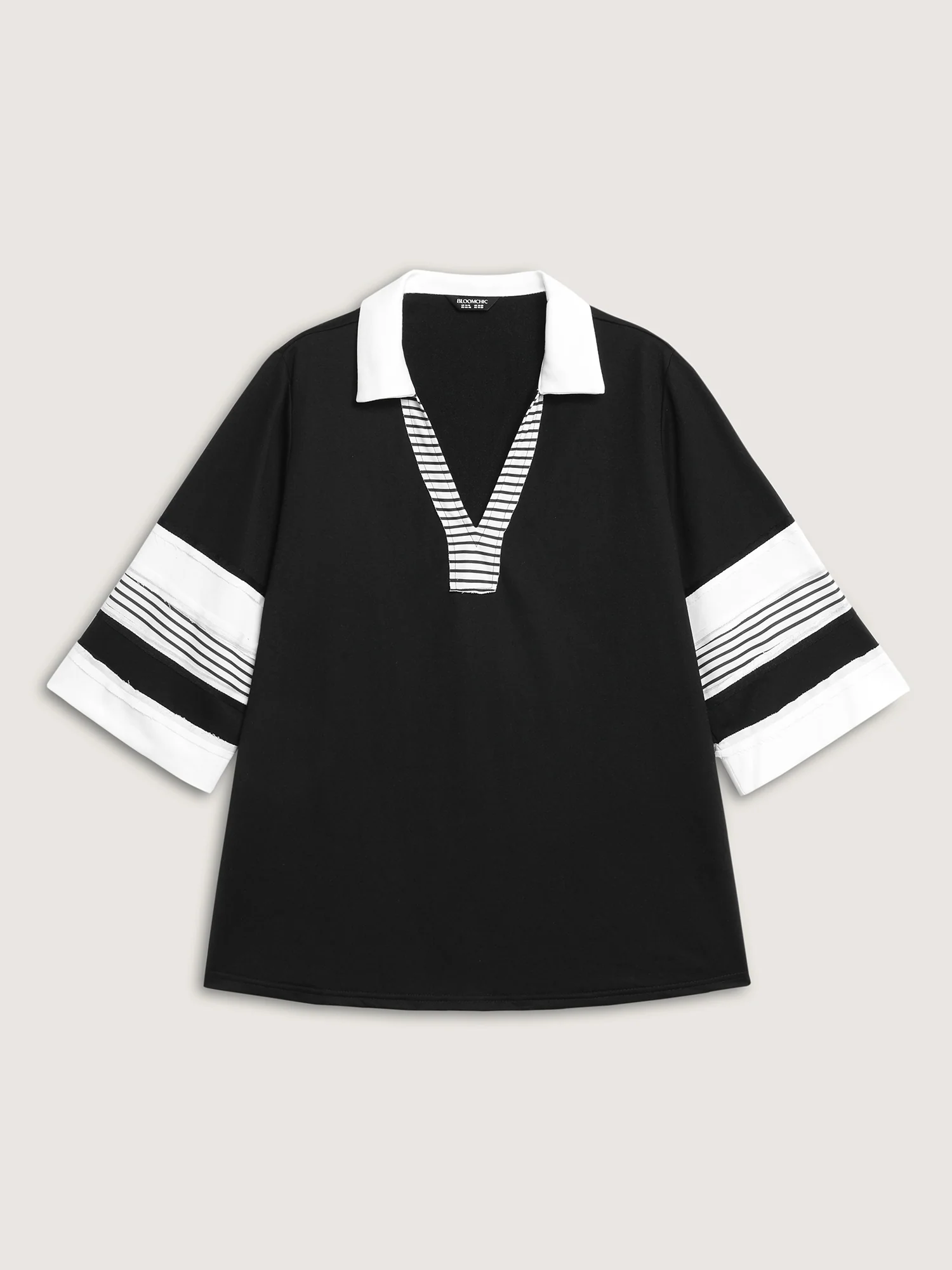 Non-Stretch Stripes Contrast Split Neck T-Shirt - Image 7