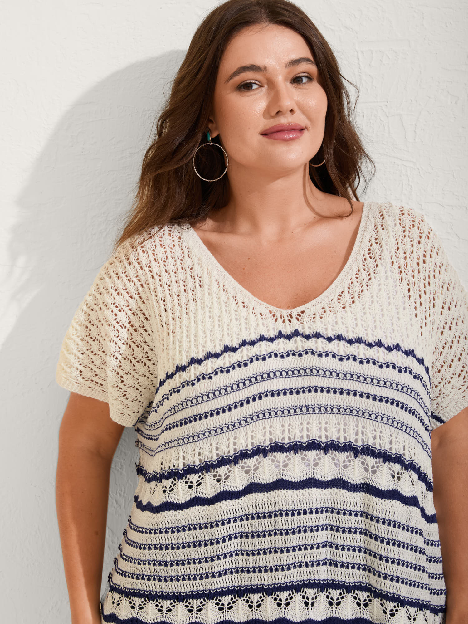 Stripes Crochet V-Neck Swim Cover-Up - Image 2