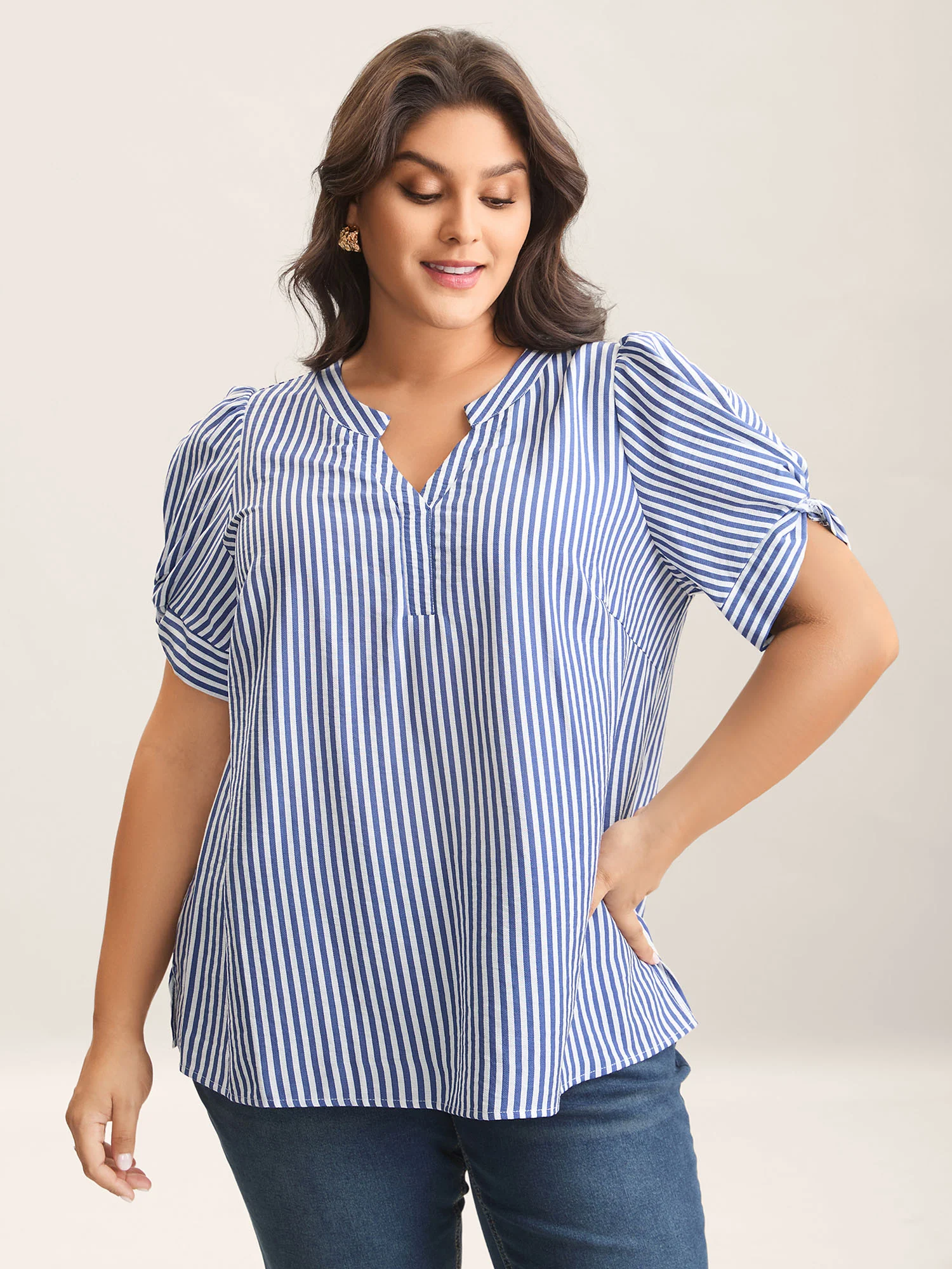 Stripes Knotted Sleeve Notched Collar Blouse