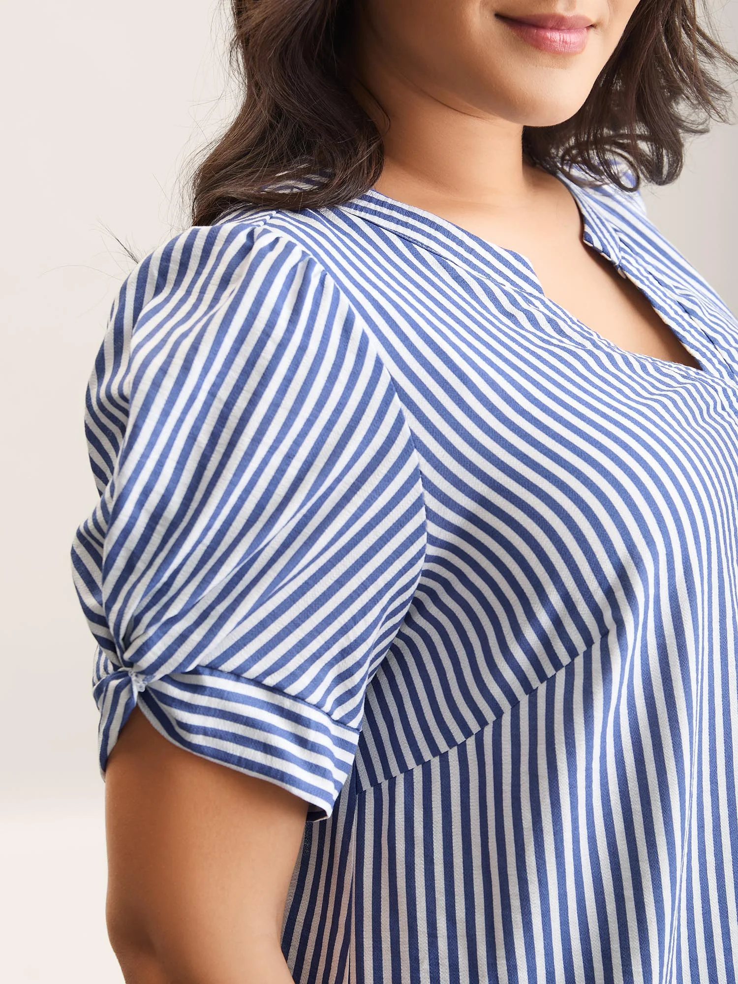 Stripes Knotted Sleeve Notched Collar Blouse - Image 2