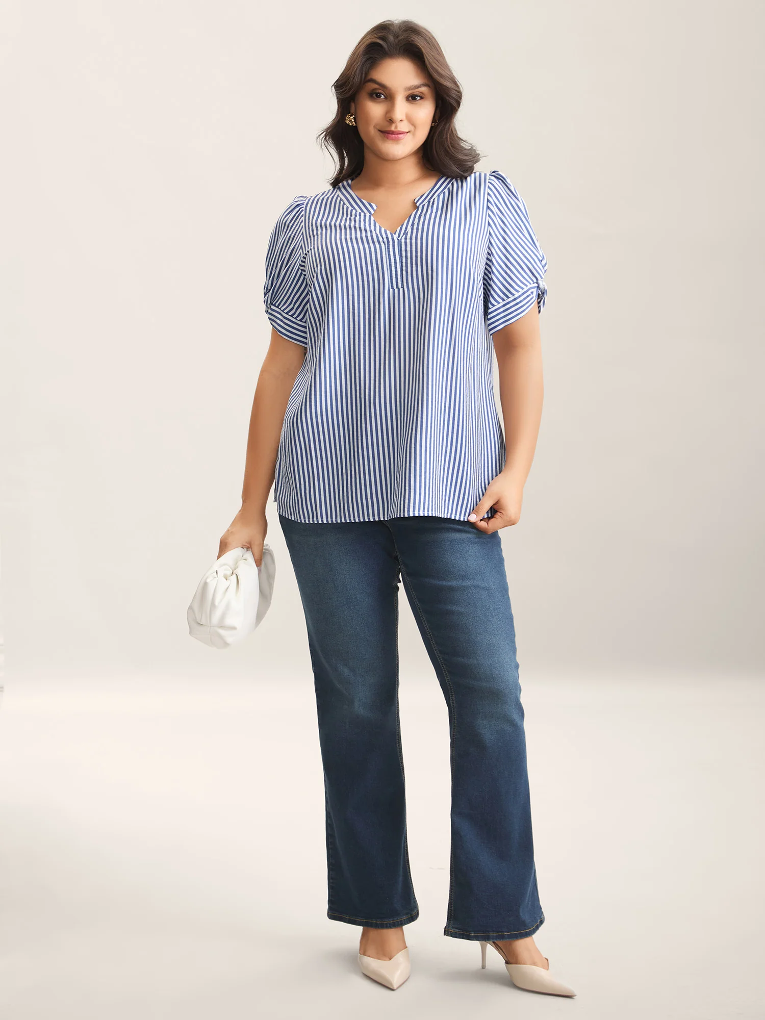 Stripes Knotted Sleeve Notched Collar Blouse - Image 3