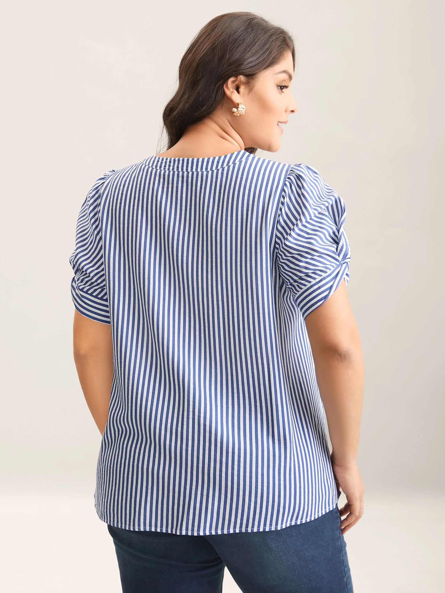 Stripes Knotted Sleeve Notched Collar Blouse - Image 4