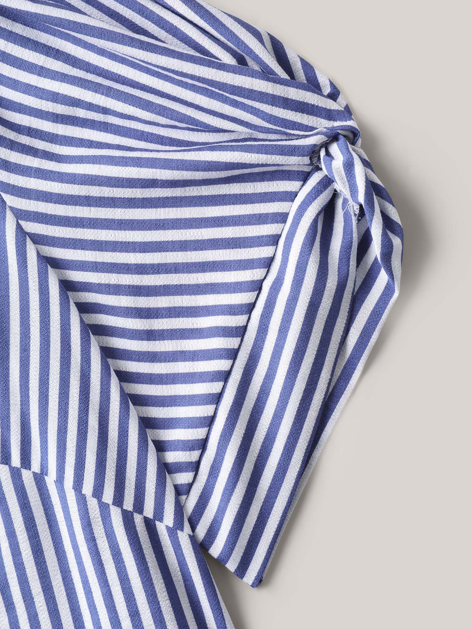 Stripes Knotted Sleeve Notched Collar Blouse - Image 6