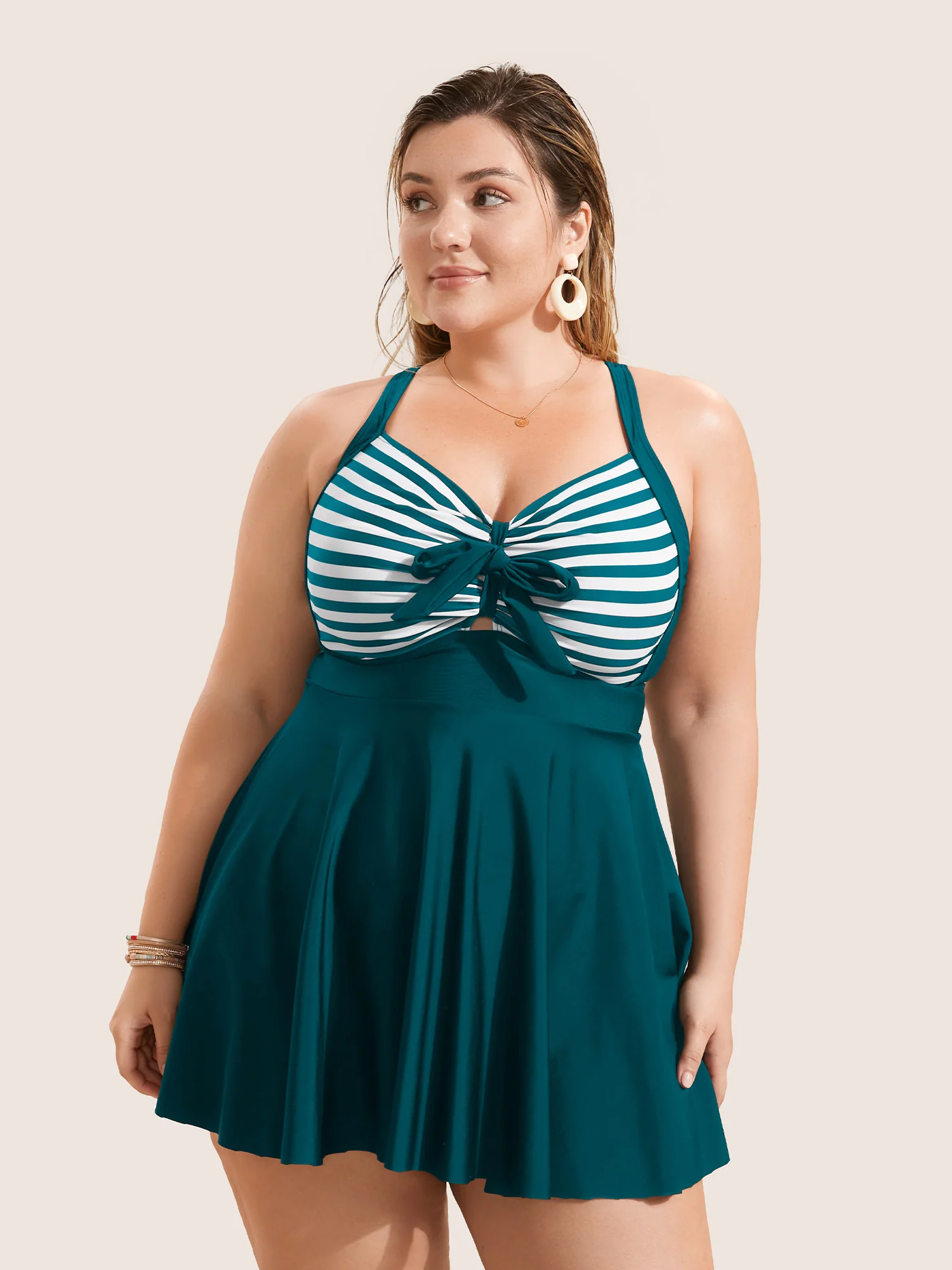 Stripes Patchwork Tie Knot Cross Straps Swim Dress - Image 10