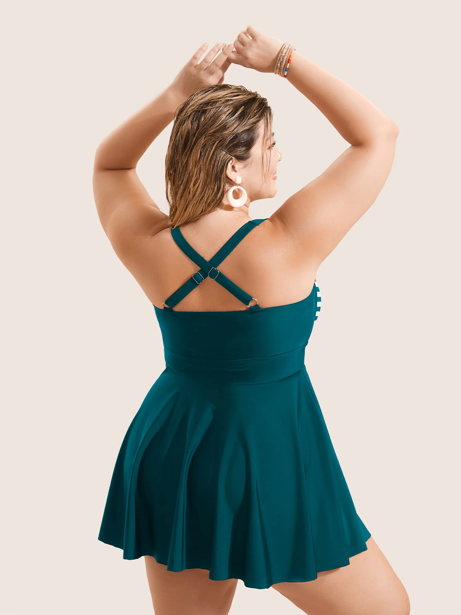 Stripes Patchwork Tie Knot Cross Straps Swim Dress - Image 11