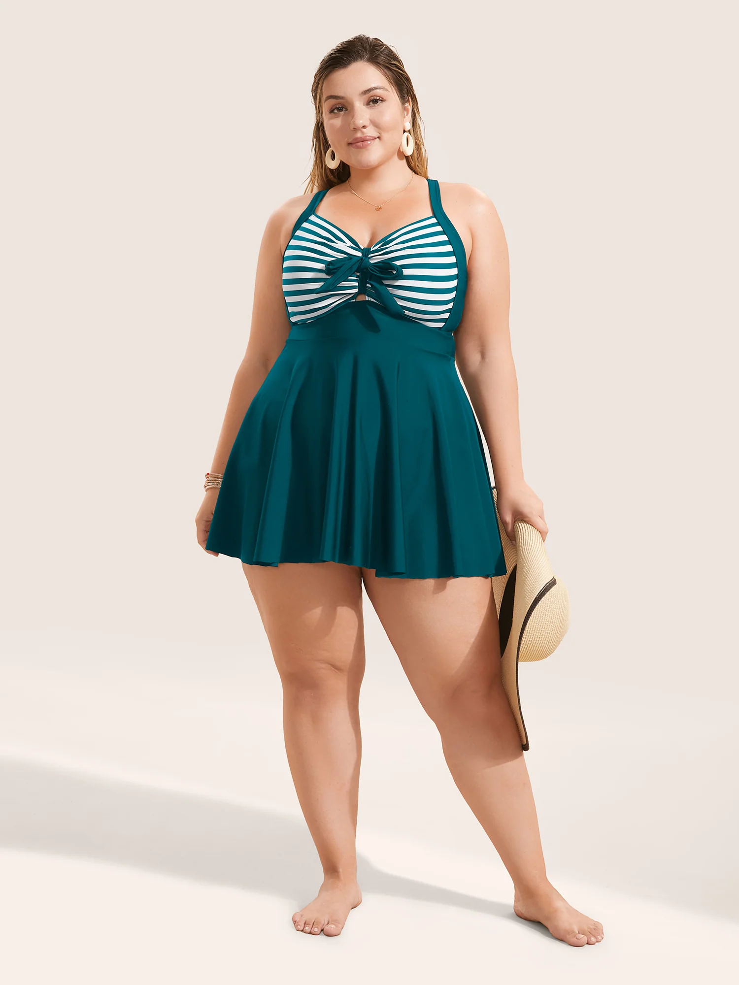 Stripes Patchwork Tie Knot Cross Straps Swim Dress - Image 13