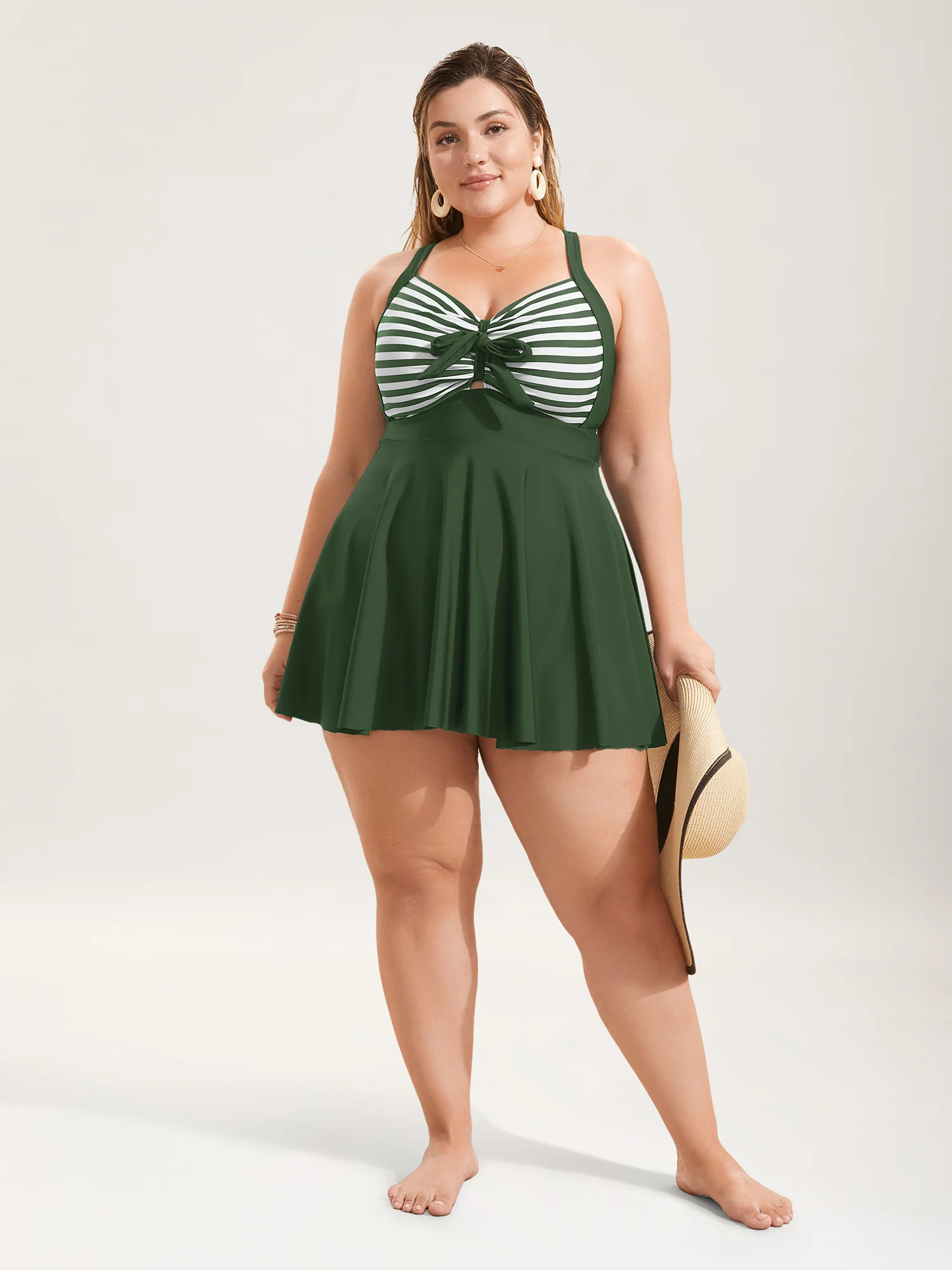 Stripes Patchwork Tie Knot Cross Straps Swim Dress - Image 16