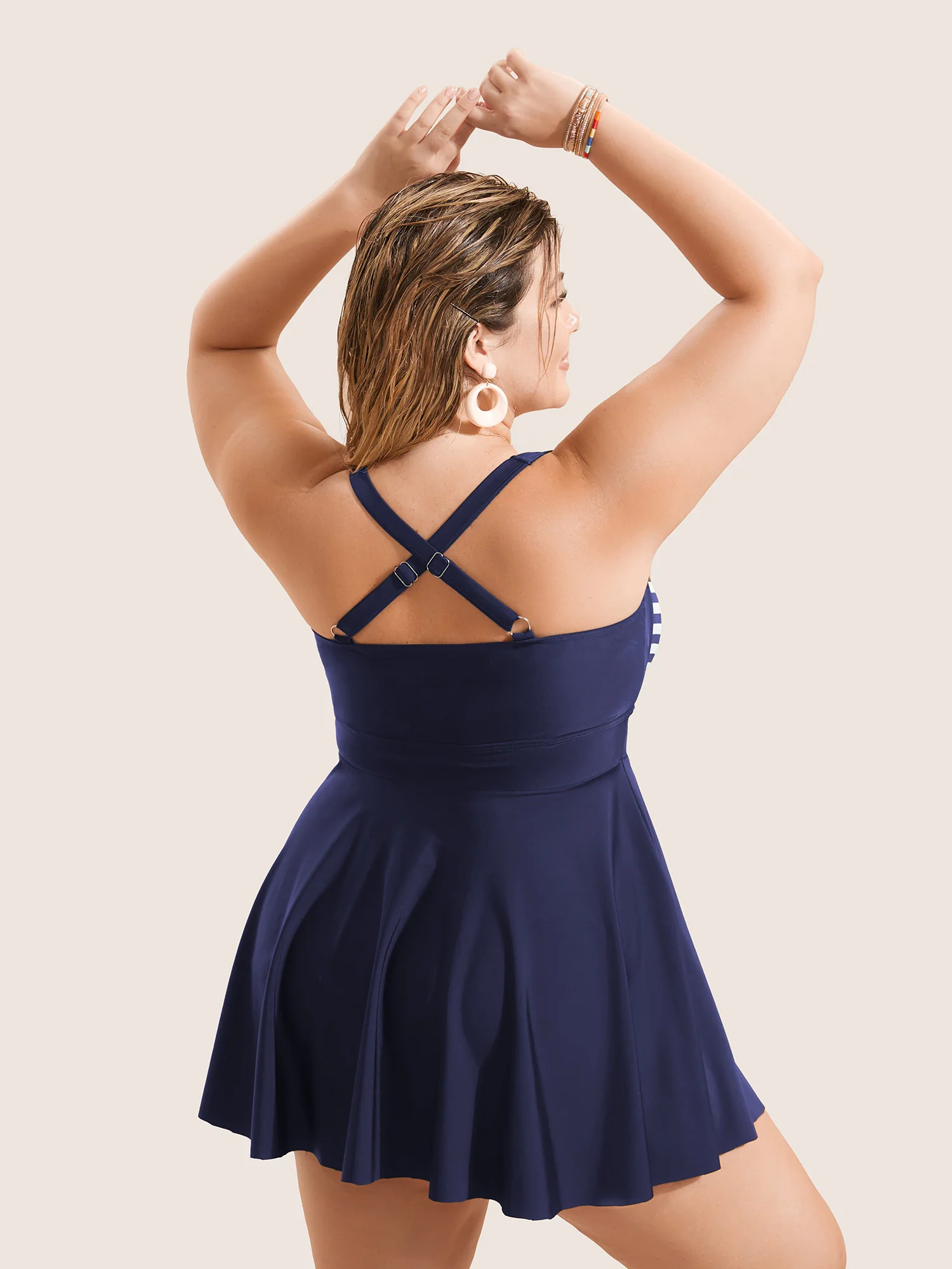 Stripes Patchwork Tie Knot Cross Straps Swim Dress - Image 19