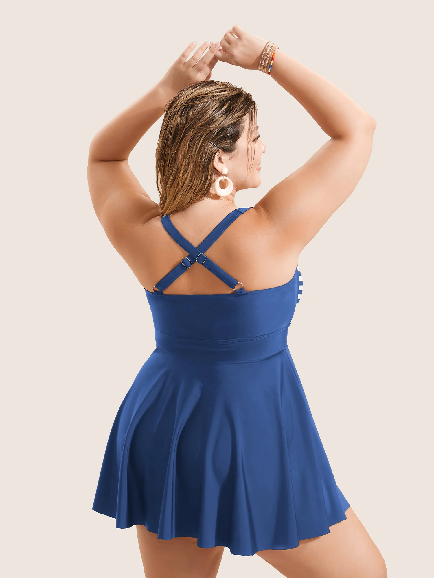 Stripes Patchwork Tie Knot Cross Straps Swim Dress - Image 23