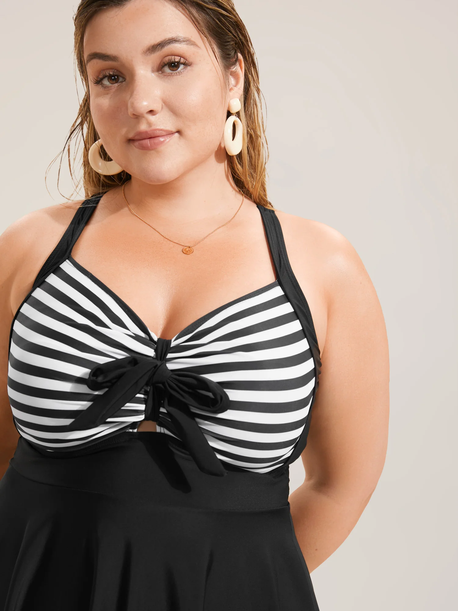 Stripes Patchwork Tie Knot Cross Straps Swim Dress - Image 3