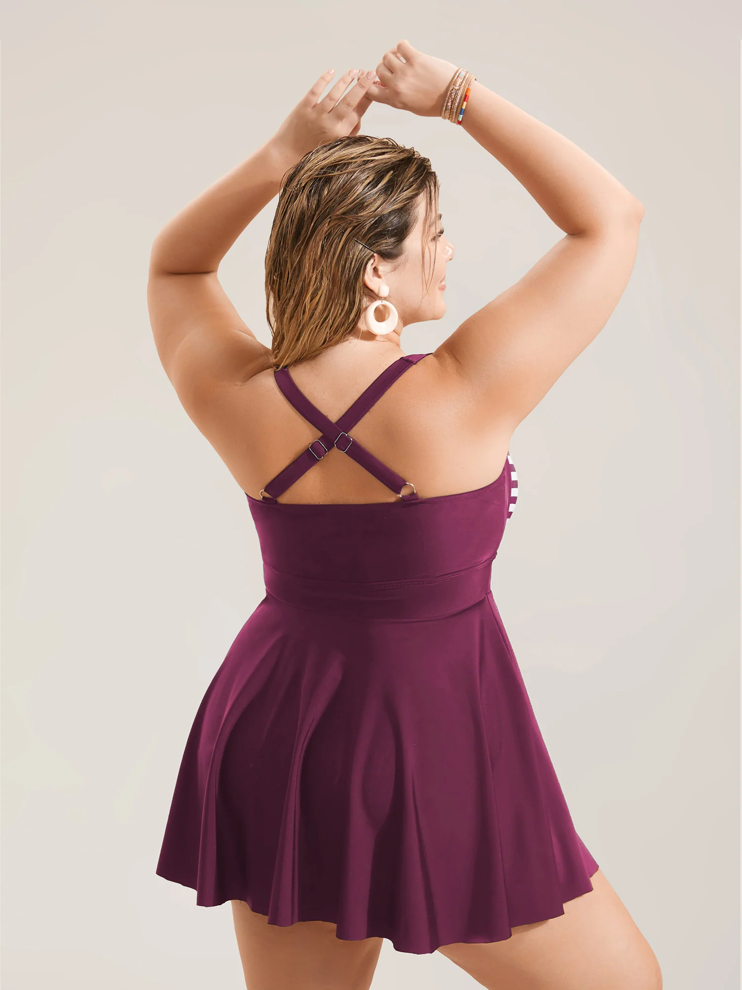 Stripes Patchwork Tie Knot Cross Straps Swim Dress - Image 32