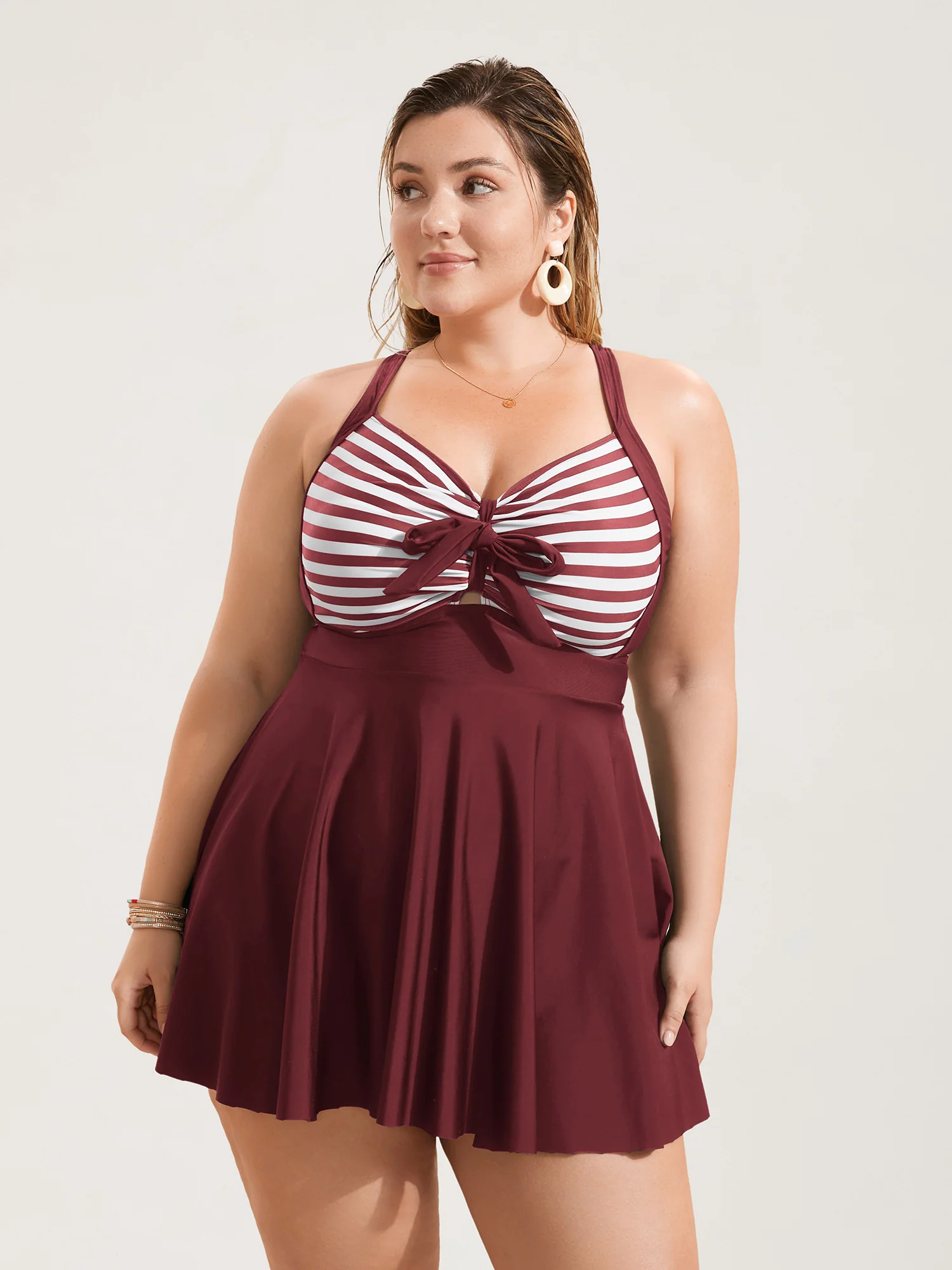 Stripes Patchwork Tie Knot Cross Straps Swim Dress - Image 35