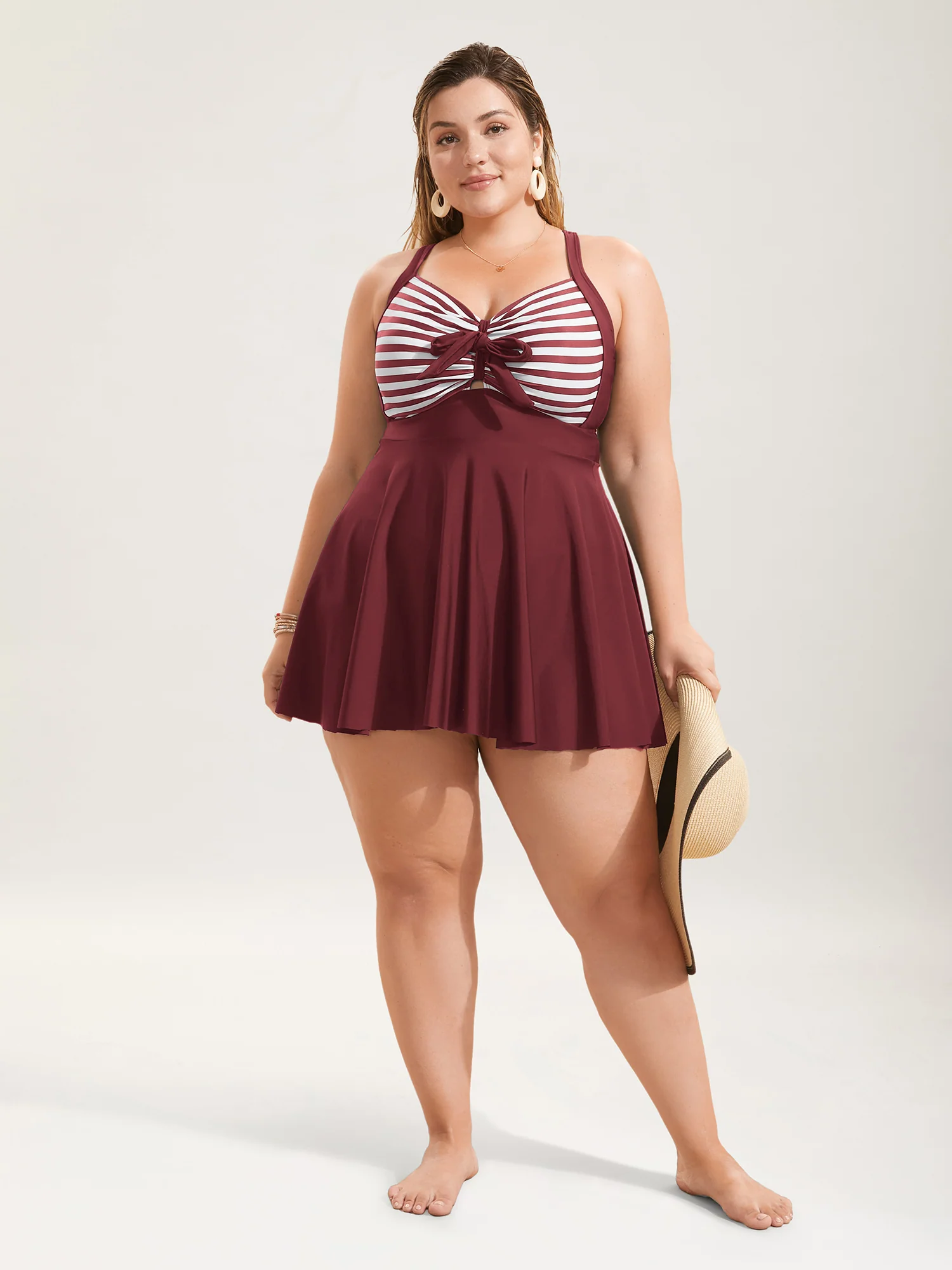 Stripes Patchwork Tie Knot Cross Straps Swim Dress - Image 37