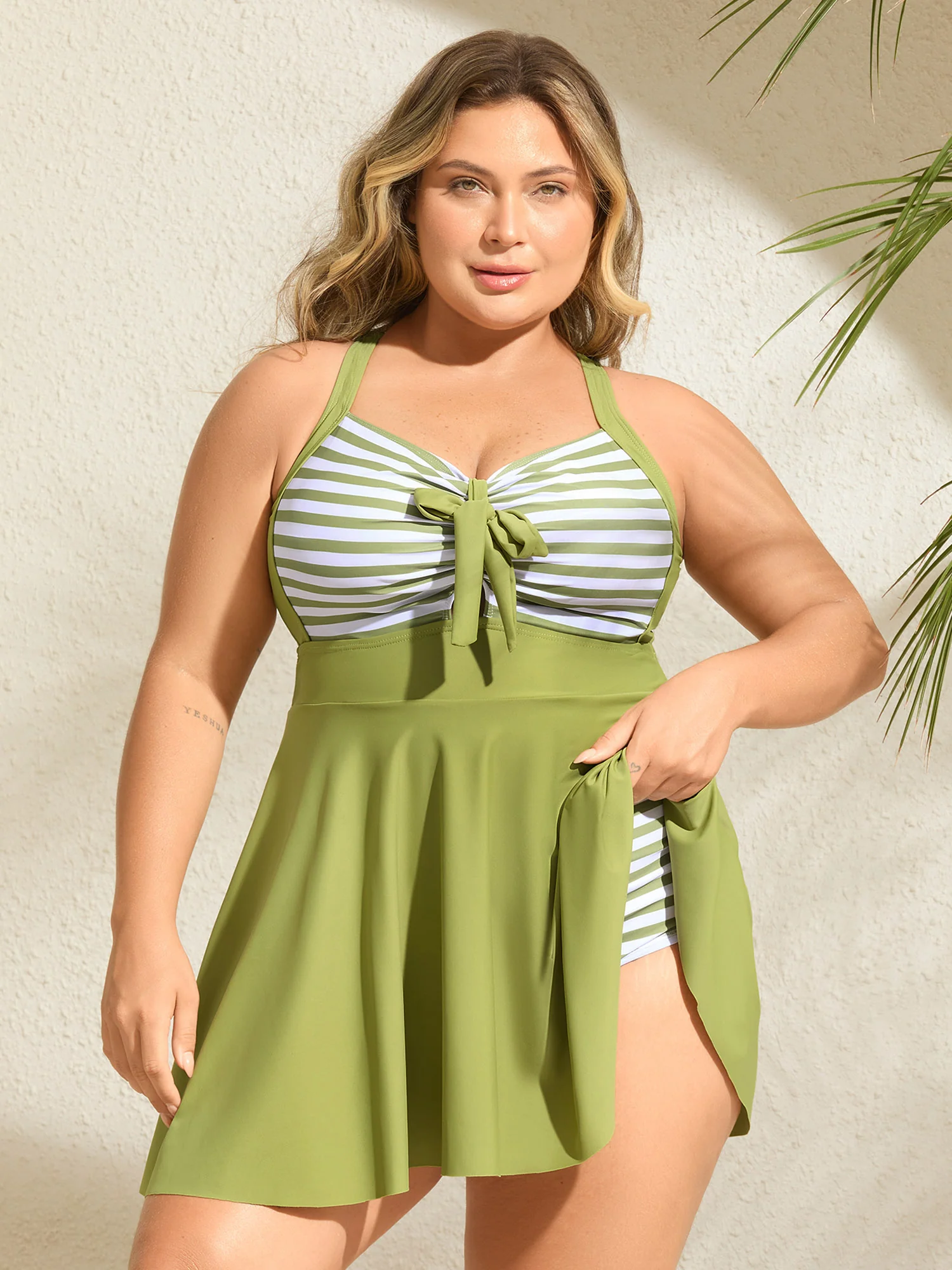 Stripes Patchwork Tie Knot Cross Straps Swim Dress - Image 40