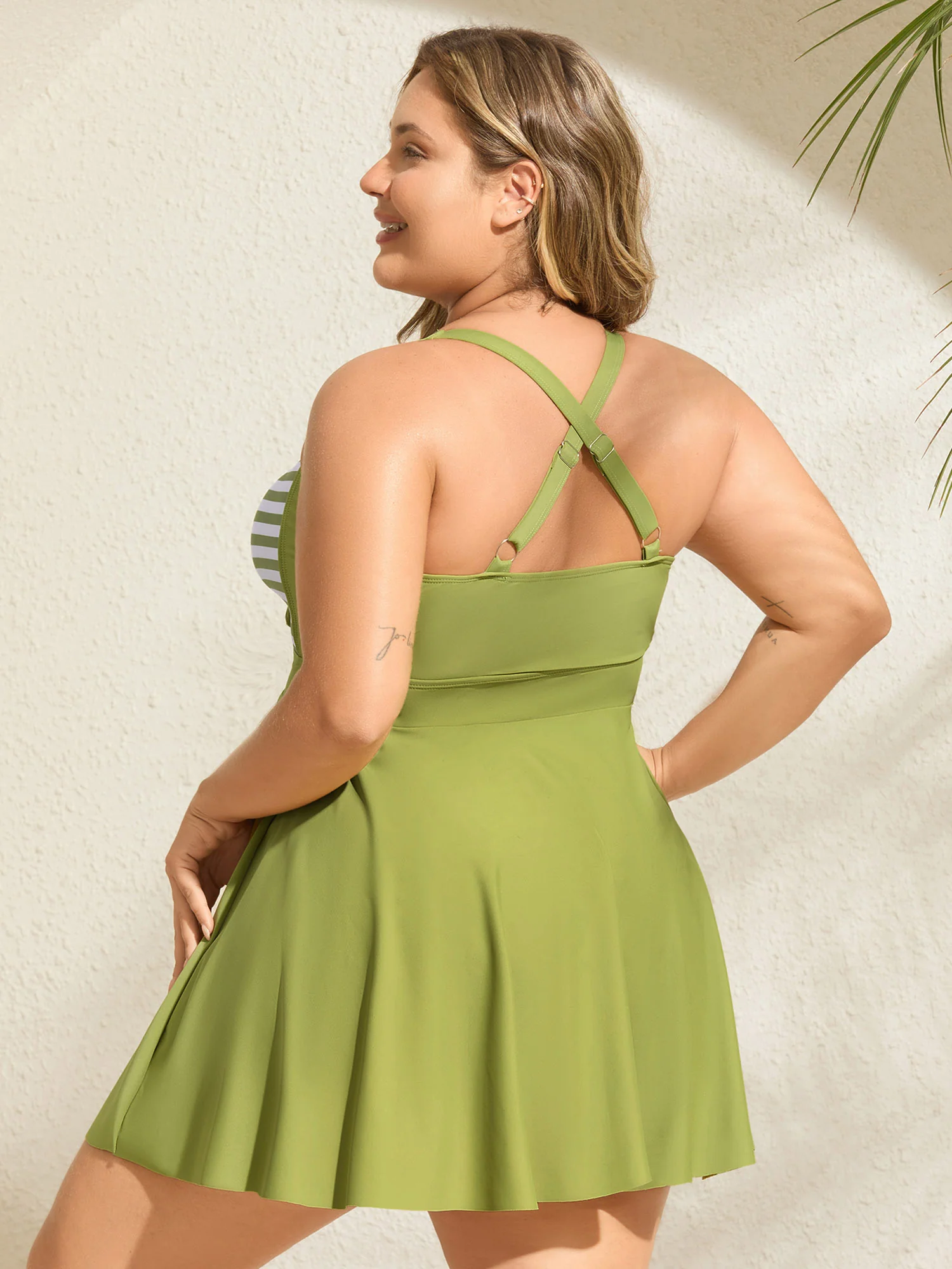Stripes Patchwork Tie Knot Cross Straps Swim Dress - Image 42