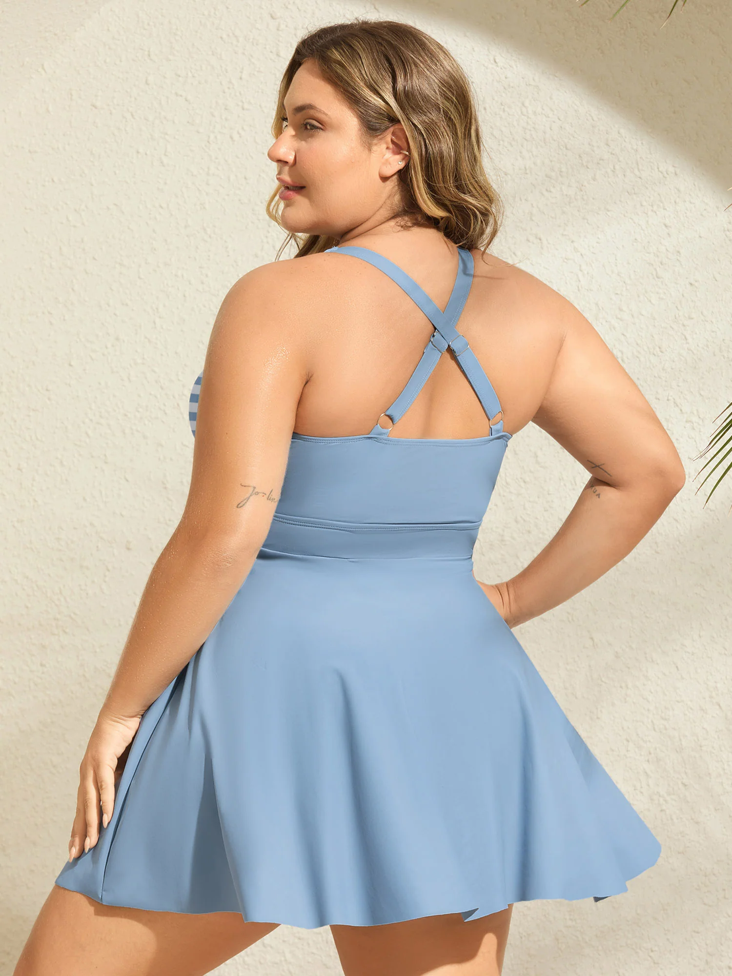 Stripes Patchwork Tie Knot Cross Straps Swim Dress - Image 52