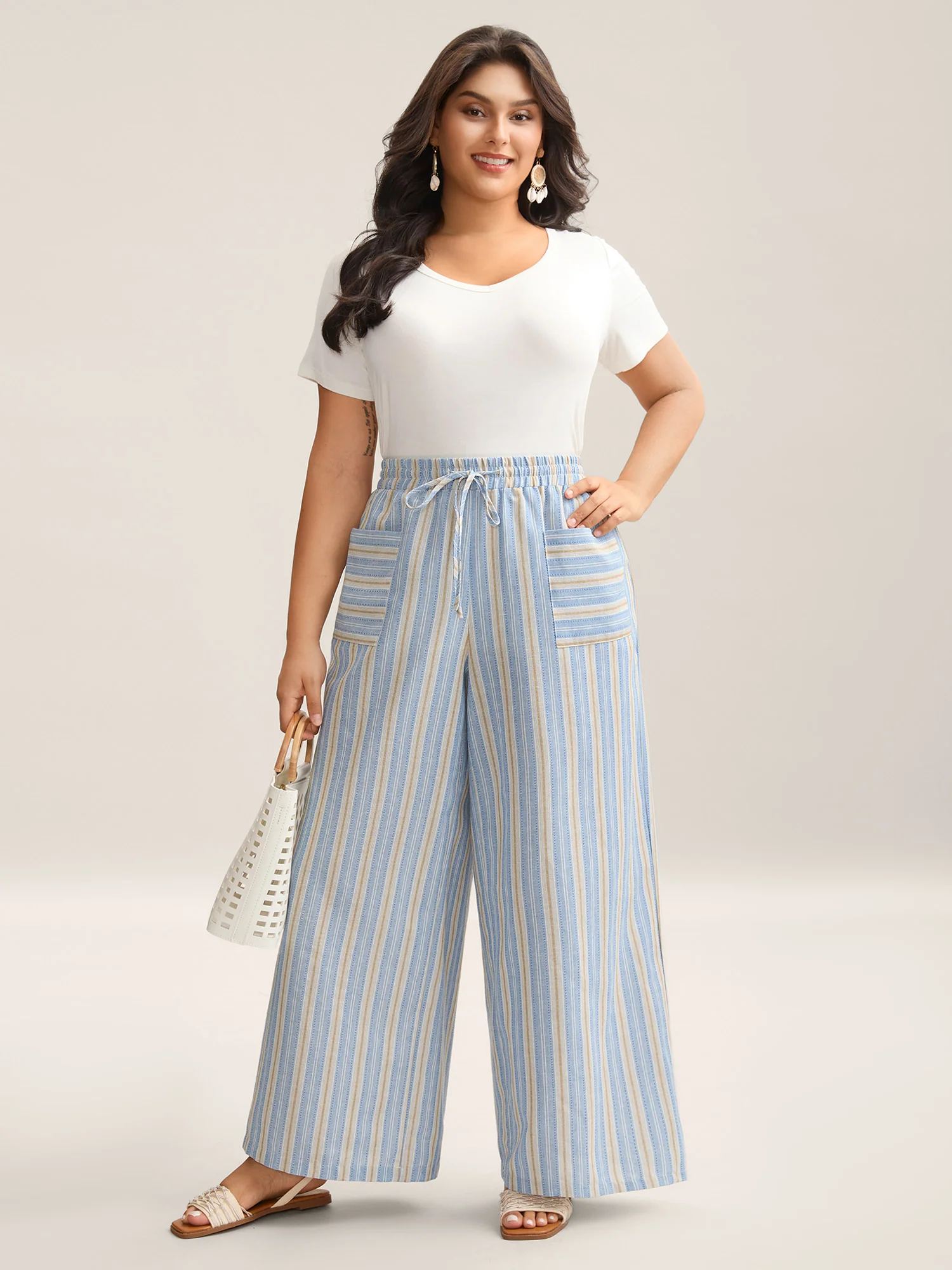 Stripes Pockets Wide-Leg Pants - Image 3