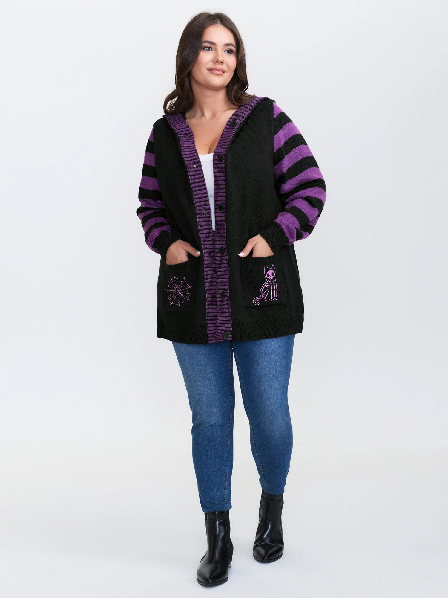 Stripes Sleeve Contrast Hooded Cardigan - Image 2