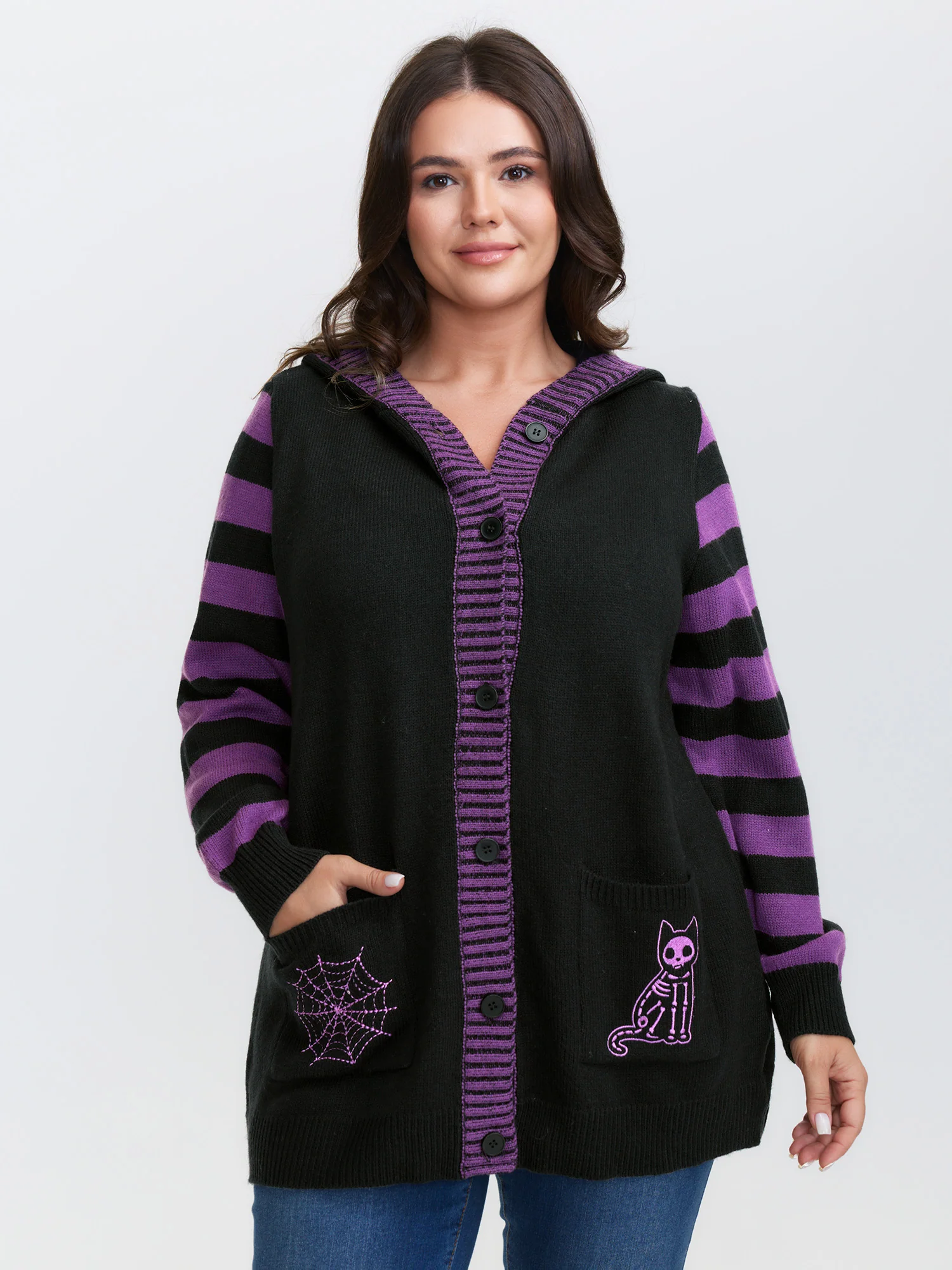 Stripes Sleeve Contrast Hooded Cardigan - Image 6