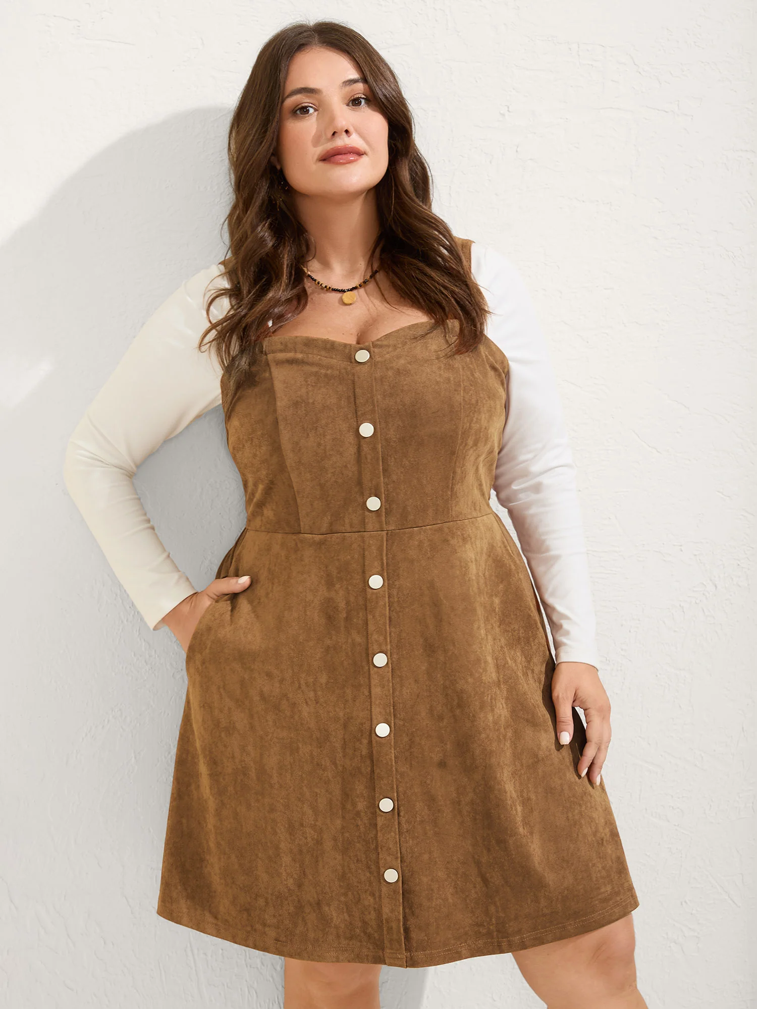 Suede Button Placket Sweetheart Mini Dress - Image 3