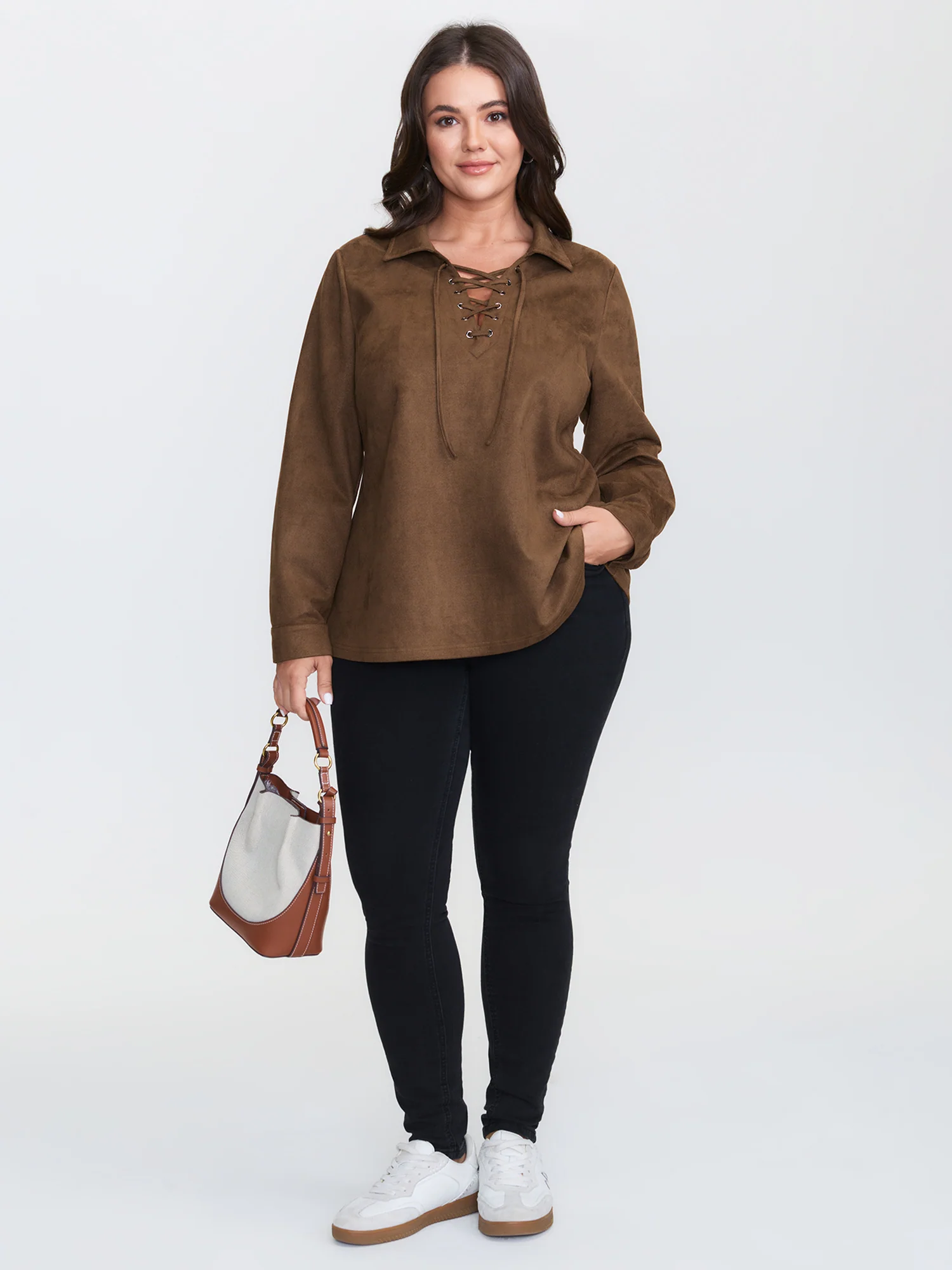 Suede Cross-Tie Neckline Curvy-Fit Blouse - Image 2