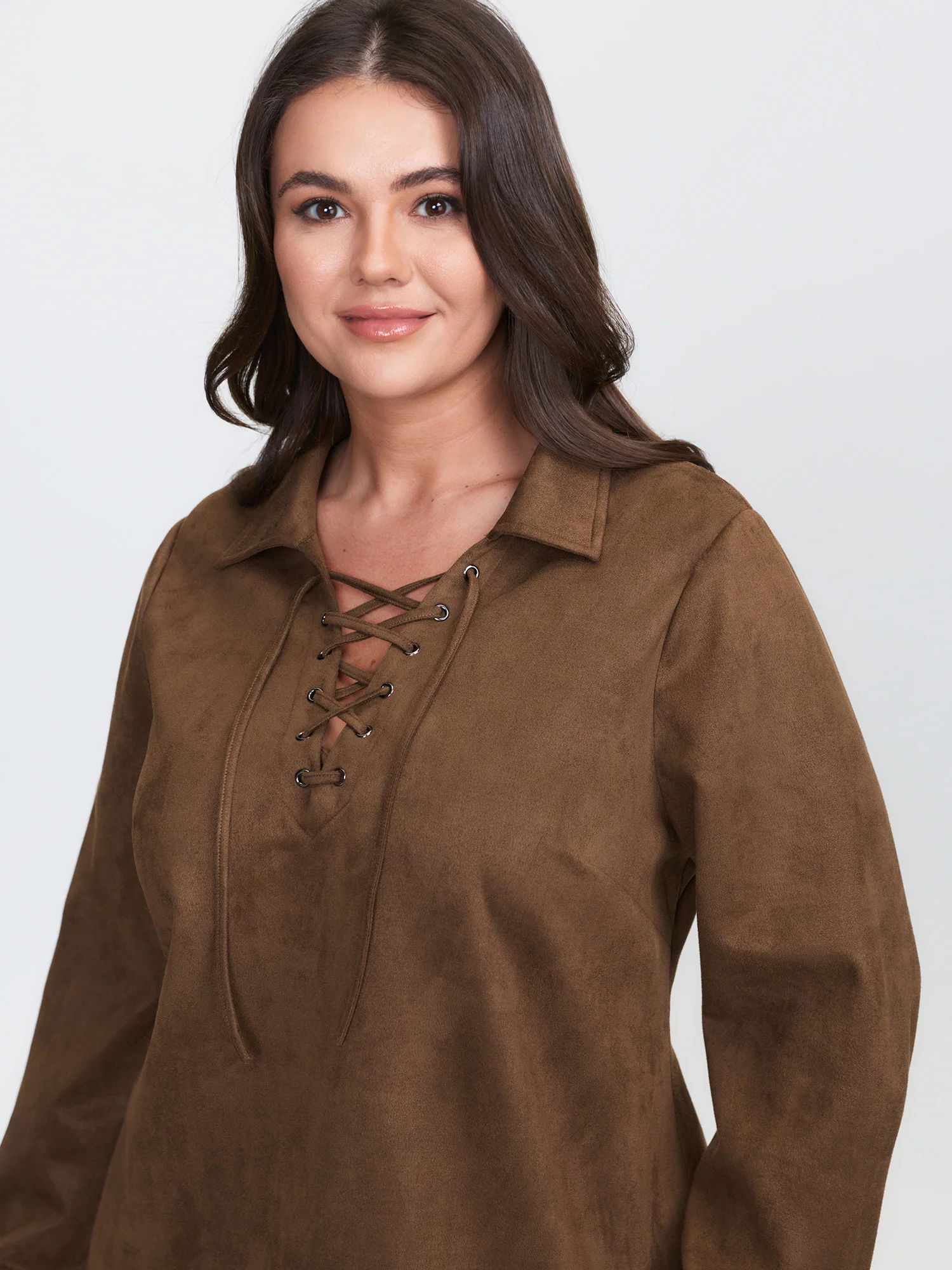 Suede Cross-Tie Neckline Curvy-Fit Blouse - Image 3