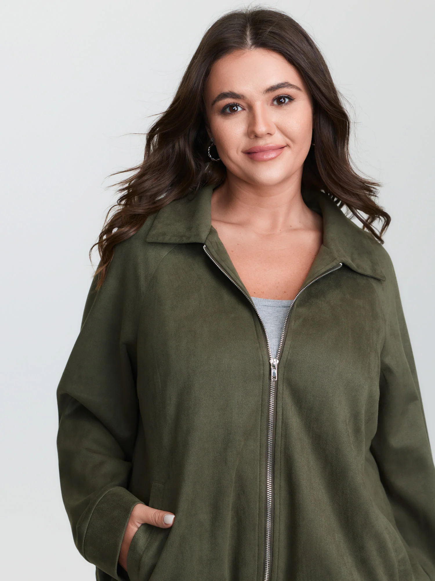 Suede Drawstring Hem Zipper Jacket - Image 2